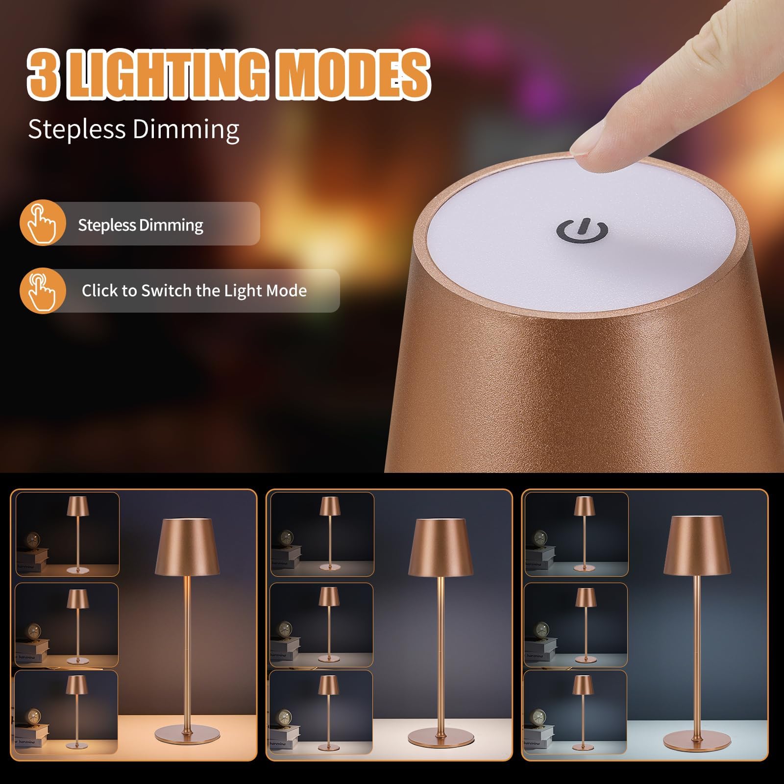 IMQSQIK Cordless Table Lamps 2Pack USB Rechargeable LED Touch Control Metal Brown Ue566-2pcsBrown