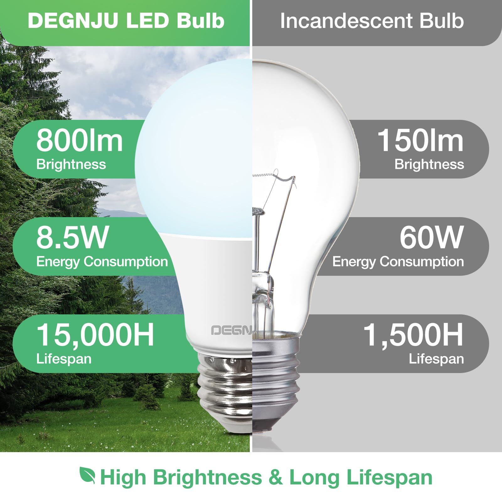Degnju Led Light Bulbs 60W Equivalent, A19 Light Bulb Daylight 5000K 800Lm 8.5 Watt, Non-Dimmable Standard Light Bulbs E26 Medium Base,6 Pack