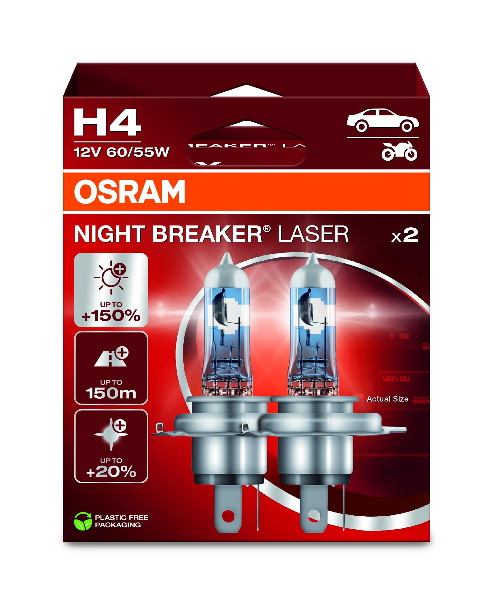 OSRAM Night Breaker Laser H4 Halogen Headlight Lamp, +150% Brighter, 12V, Model 64193NL-2HB, 2 Lamps, White/Dark Grey