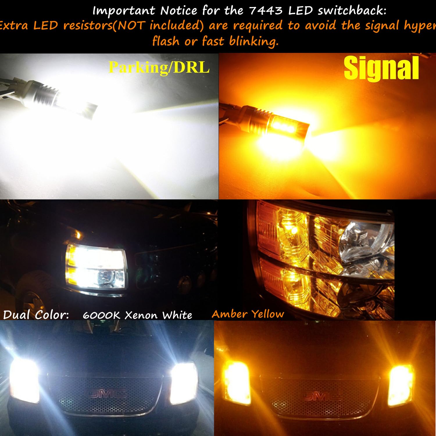 Alla Lighting 7444Na 7443 Led Switchback Bulbs, Dual Color Amber Yellow Turn Signal Lights (Blinker Lamps), 6000K Xenon White Super Bright Parking Lights/Drl 7442 7443A 7443Na 7444 Nak 7443Ak