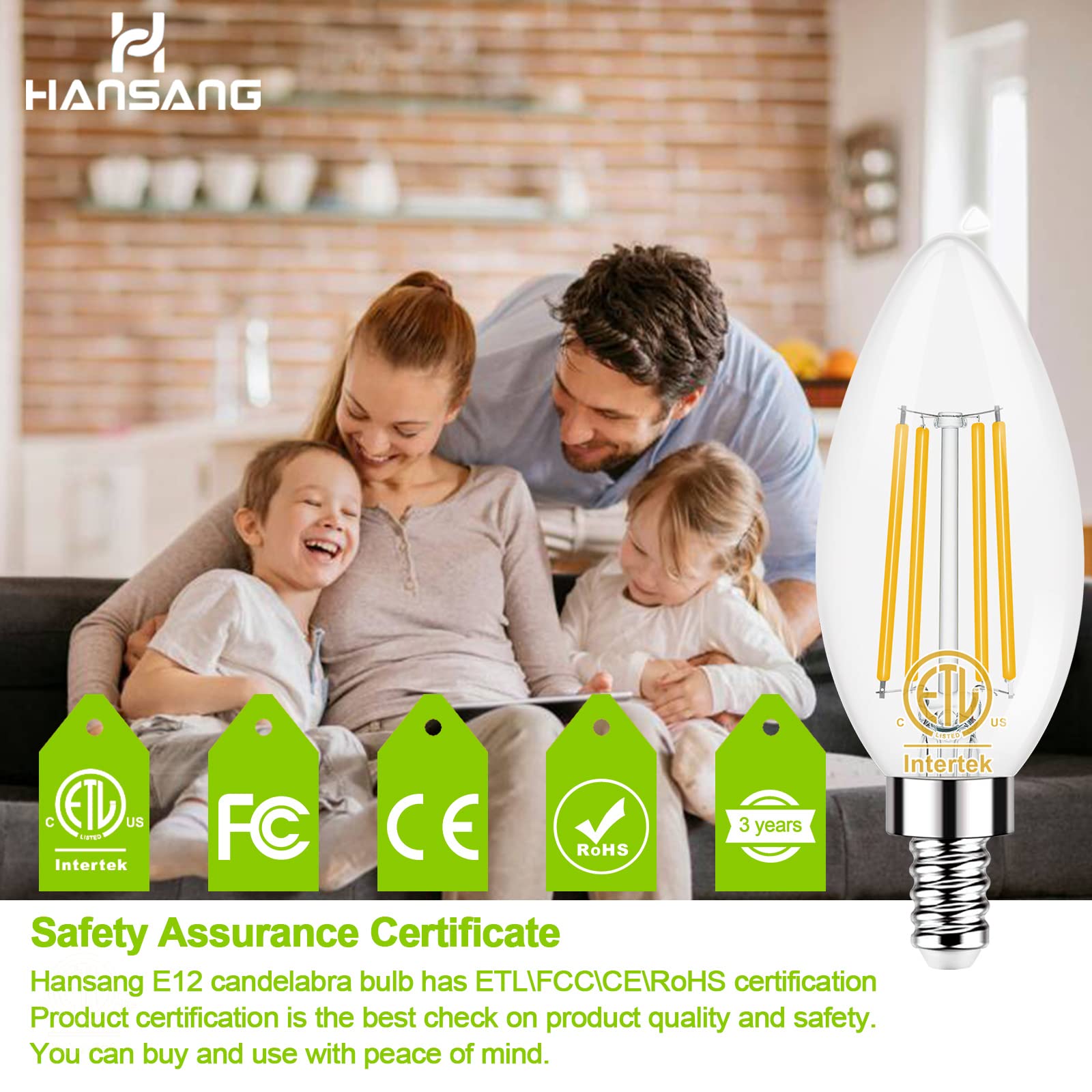 Hansang E12 Ceiling Fan Light Bulbs 4000K Natural Daylight, 40W Equivalent Chandelier Candelabra Light Bulbs,120V 4W Candle Shap