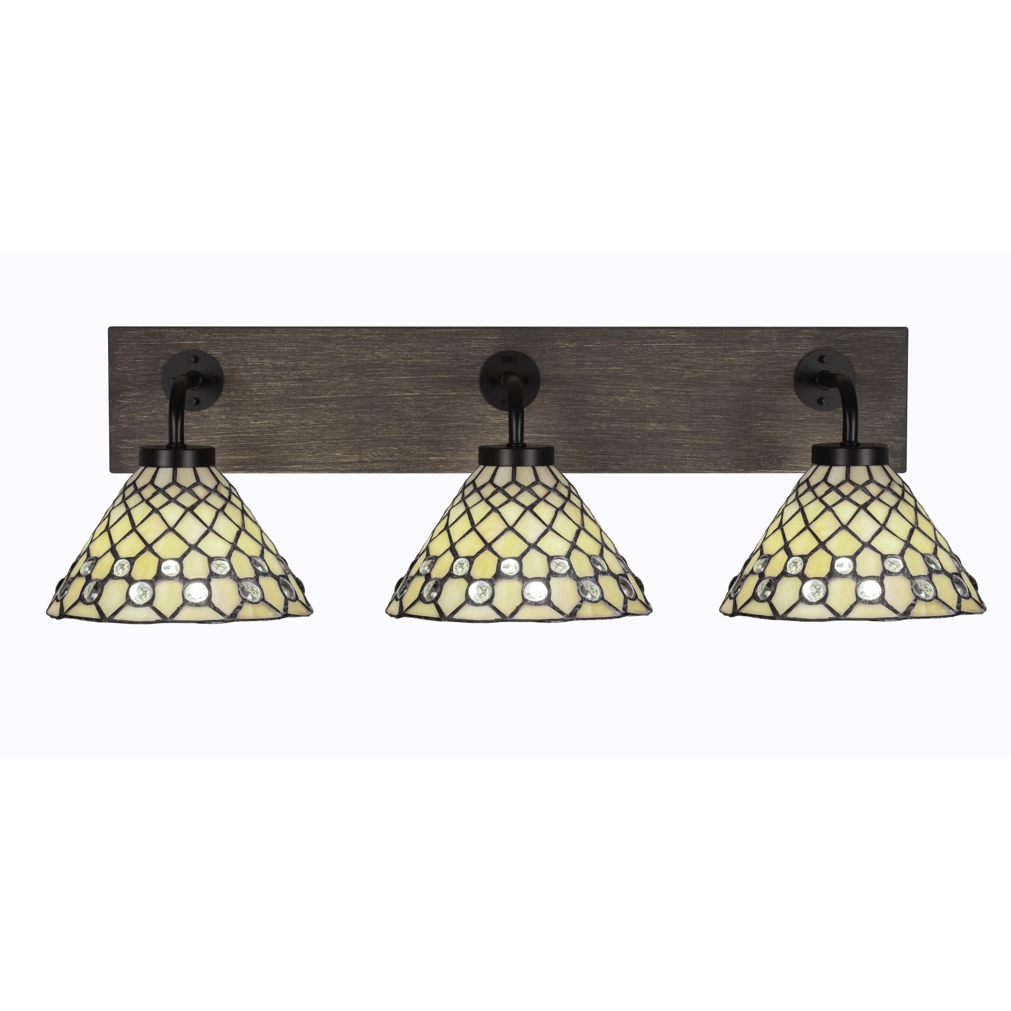 Oxbridge 3 Light Bath Bar In Matte Black & Painted Distressed Wood-Look Metal Finish With 7" Starlight Art Glass