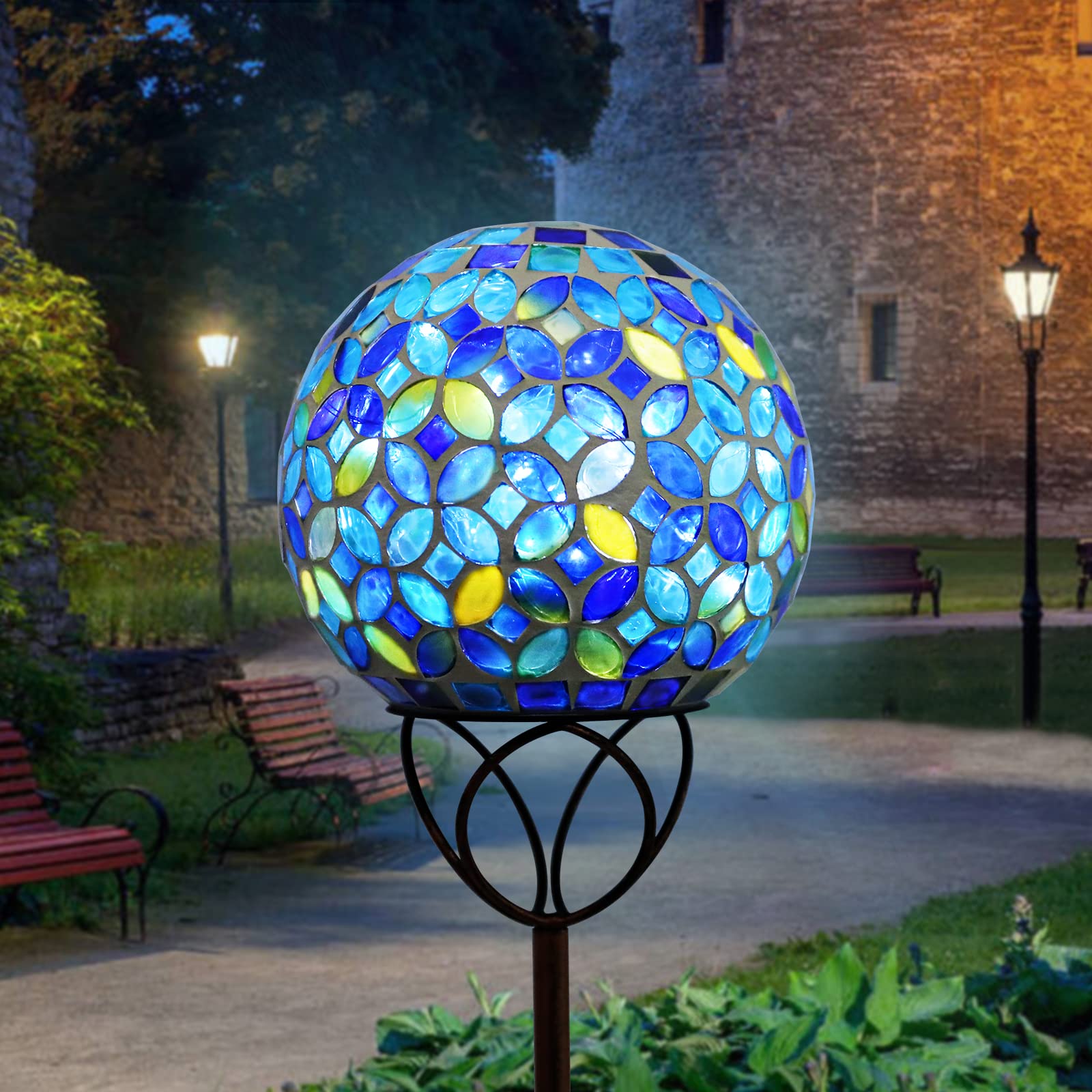 Vcuteka Mosaic Solar Garden Lights, Waterproof Glass Ball Led Pathway Stake Light, 6&quot; Blue