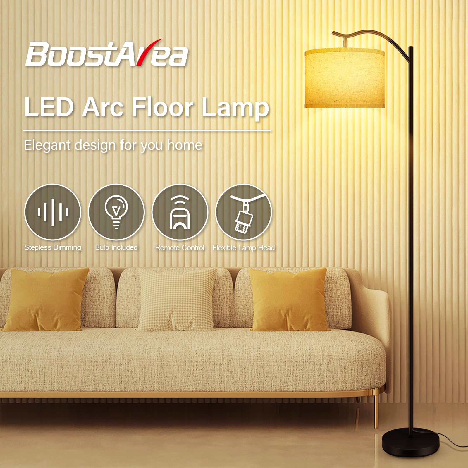 BoostArea Arc Floor Lamp with Remote, Stepless Dimmable 2700k-6500k, Beige, Model B1361