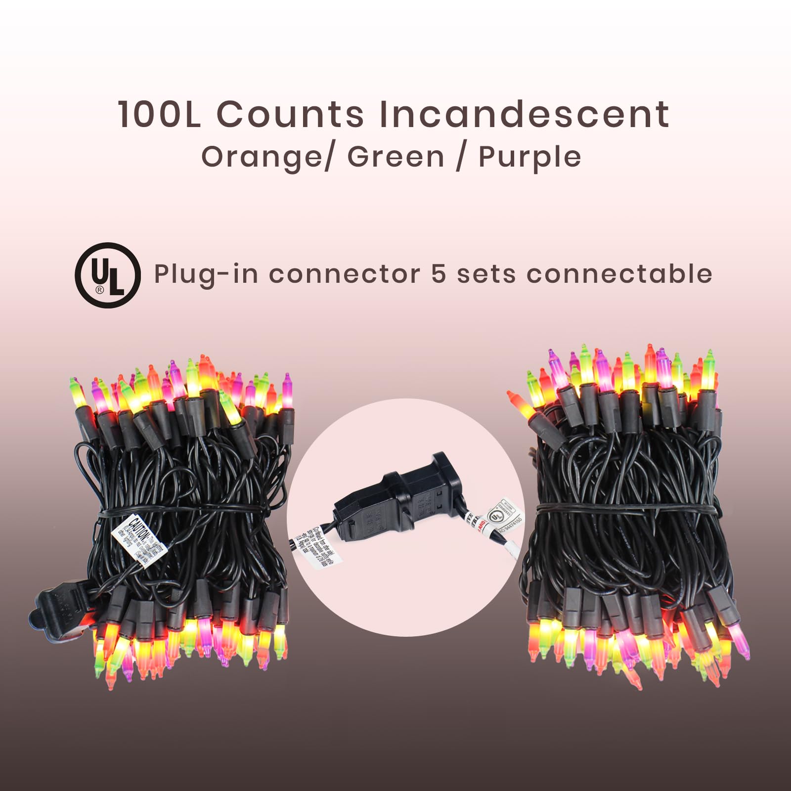 FESTIA String Lights - 100 Count Mini Incandescent, 26.5ft Black Wire, UL Listed, Purple Orange Green, Connectable up to 125ft