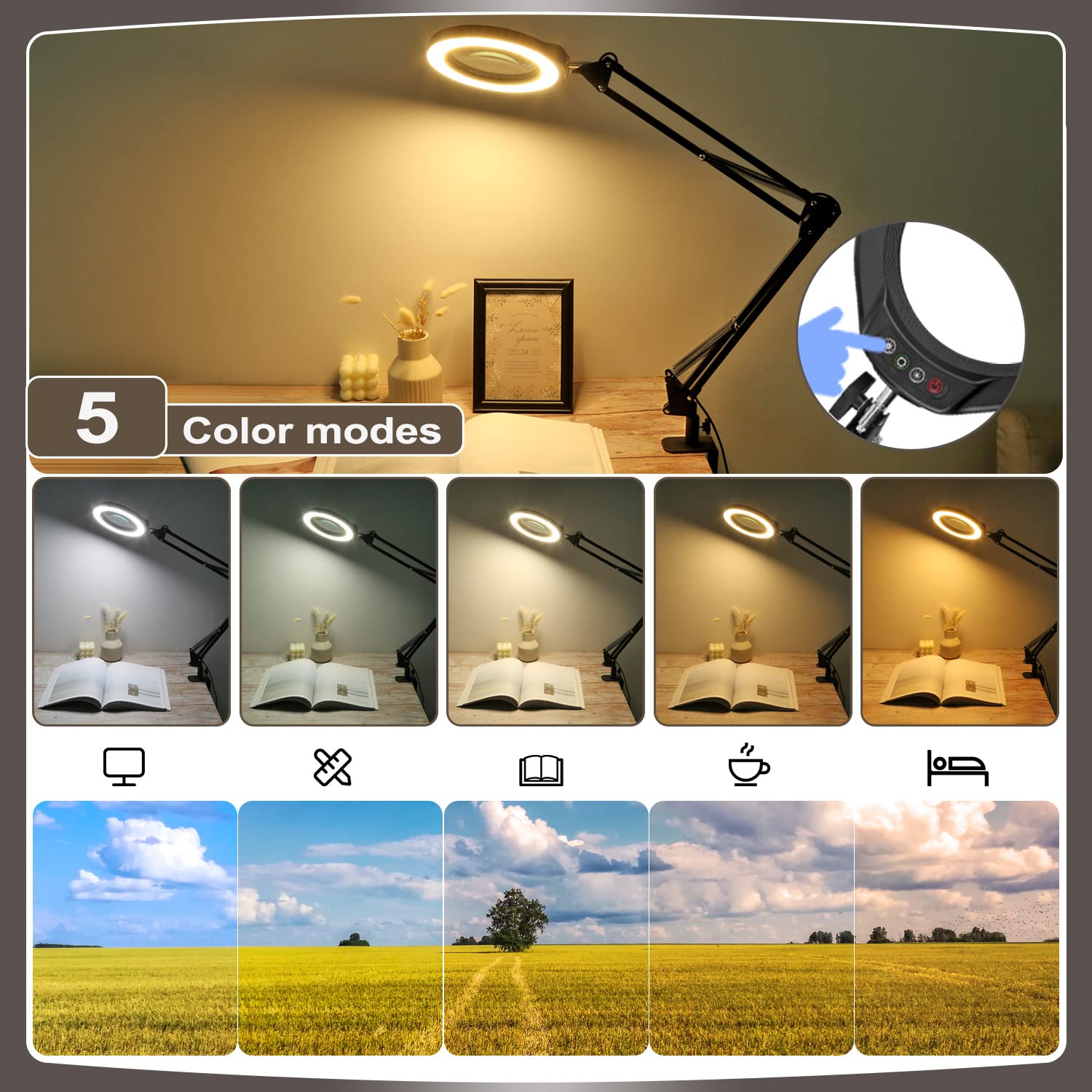 Veemagni 5 Inch Magnifying Glass With Light, 8X Magnifier, Stepless Dimmable, Black, Model Z8-118, Hands-Free Desk Lamp