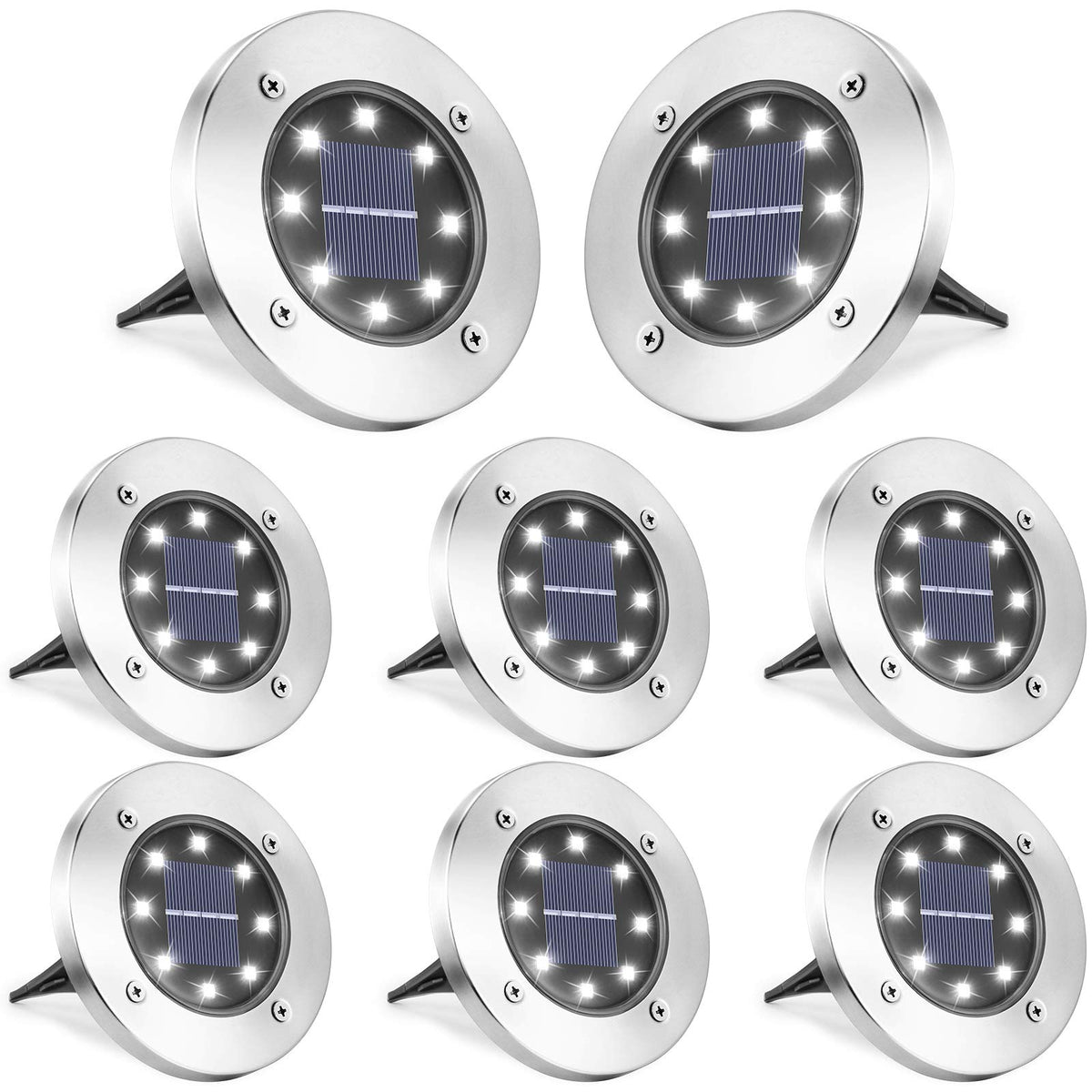 LYHOPE Solar Ground Lights Outdoor, 8 Pack 8 LED Solar Disk Lights Waterproof Garden In-ground Pathway Light Landscape Lighting 