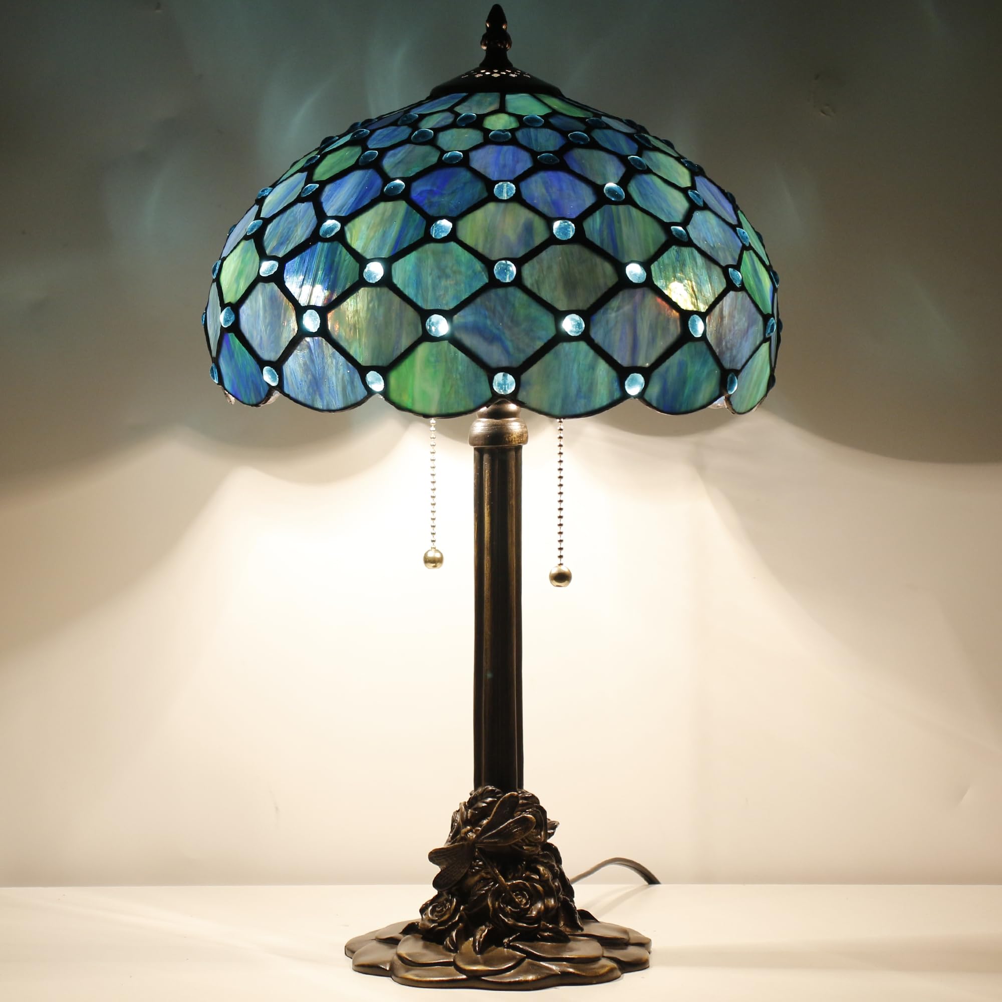 ANYONGLU Tiffany Table Lamp Stained Glass Desk Lamp 12X12X21Inch Resin Base for Bedroom Living Room Reading Light (Sea Blue Pear