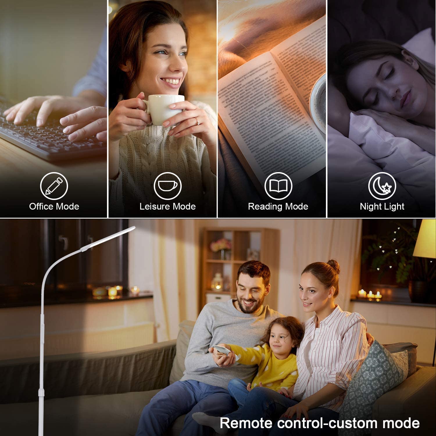 NXONE LED Floor Lamp - Modern Adjustable Reading Light, 74"H, Metal, White, 4 Colors & Stepless Brightness for Living Room & Bedroom