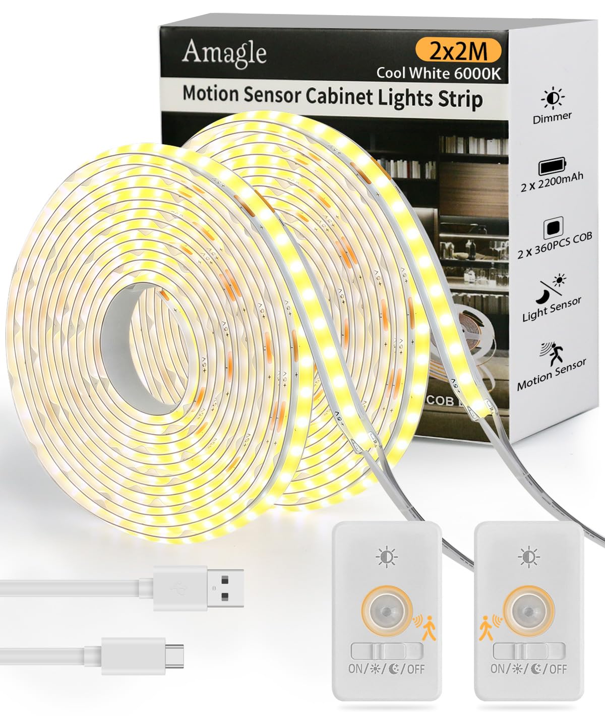Rechargeable Motion Sensor COB LED Lights Bands  2 Pack 6.56FT Motion Activated Under Cabinet LED Band Lights 2200mAh Battery Powered Under Cabinet Band Lighting Wireless for Kitchen Closet Pantry