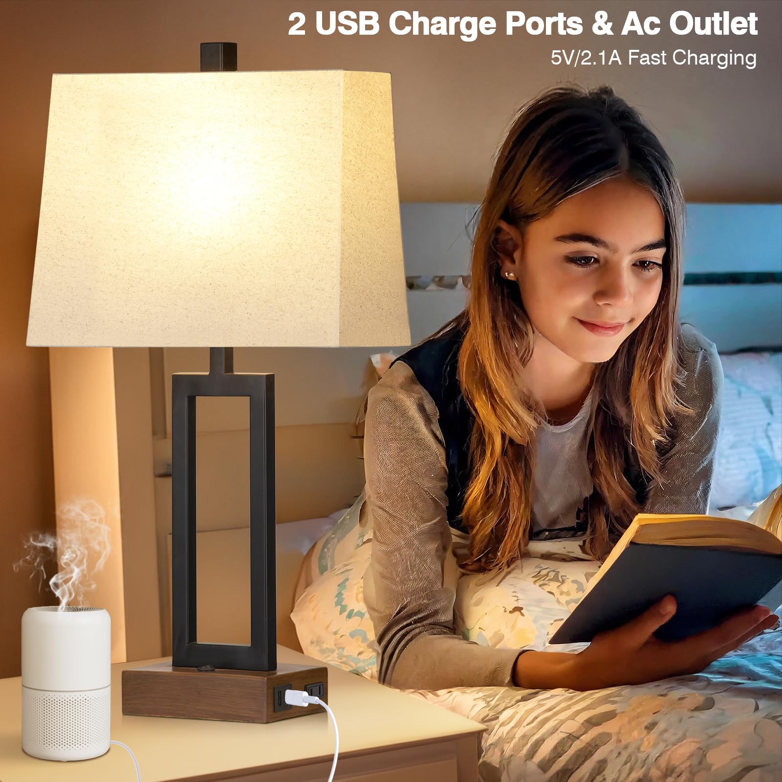 Table Lamps Set Of 2 With 2 Usb Ports And Ac Power Outlet, Modern Bedside Lamp, Wood Nightstand Lamp With Linen Shade For Living
