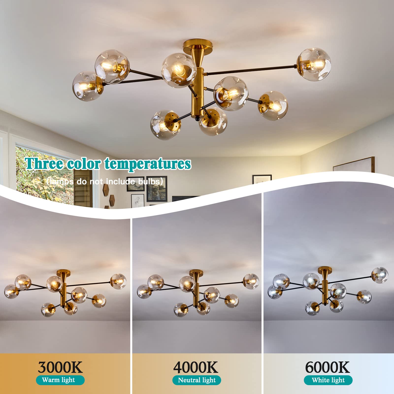 Hesoge 8 Light Sputnik Semi Flush Mount Ceiling Light Fixture Mid Century Modern Chandelier With Glass Globe Black Gold Ceiling Lighting For Dinning Room Farmhouse Kitchen Bedroom Living Room
