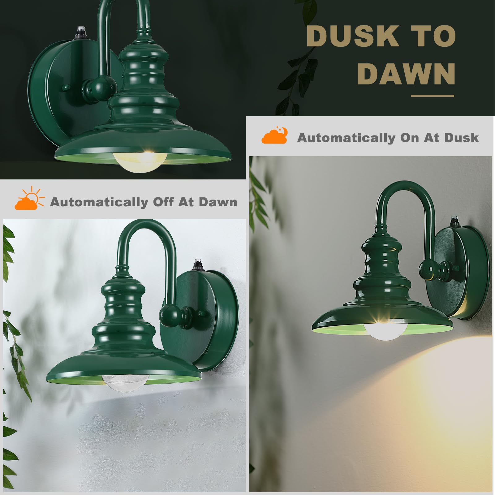 LONEDRUID Gooseneck Barn Light Fixture - Green Metal Outdoor Wall Sconce, Rustic Porch Lantern, Model 4223e4c0-e877-4f0a-87