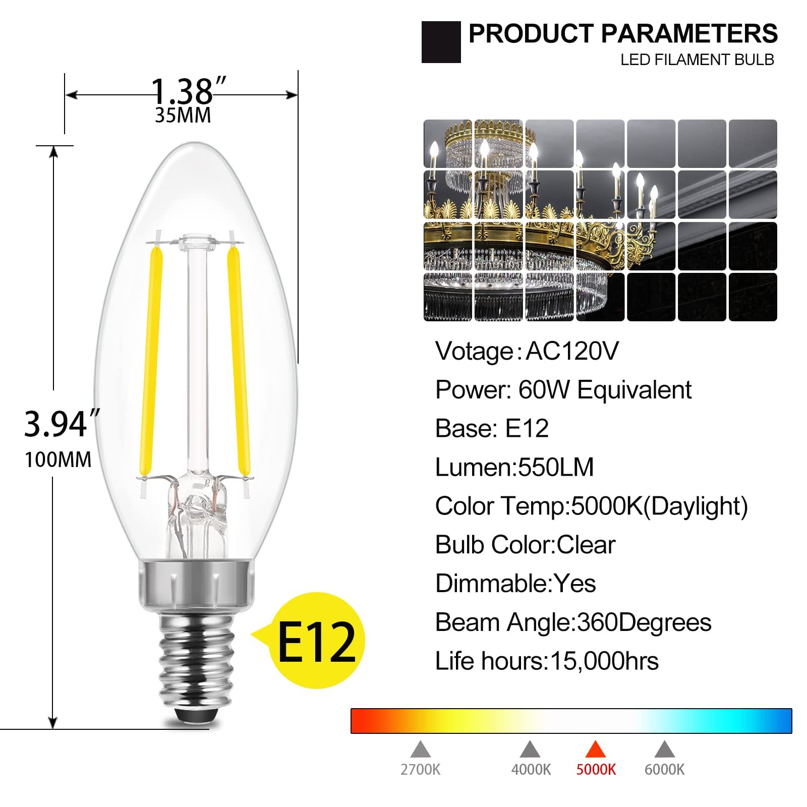 Energetic Dimmable E12 Led Candelabra Bulb,60 Watt Equivalent B11 Led Chandelier Bulbs, Daylight 5000K, 550Lm, 5 Watt Halloween Christmas Decoration Filament Candle,Ul Listed, 24Pk