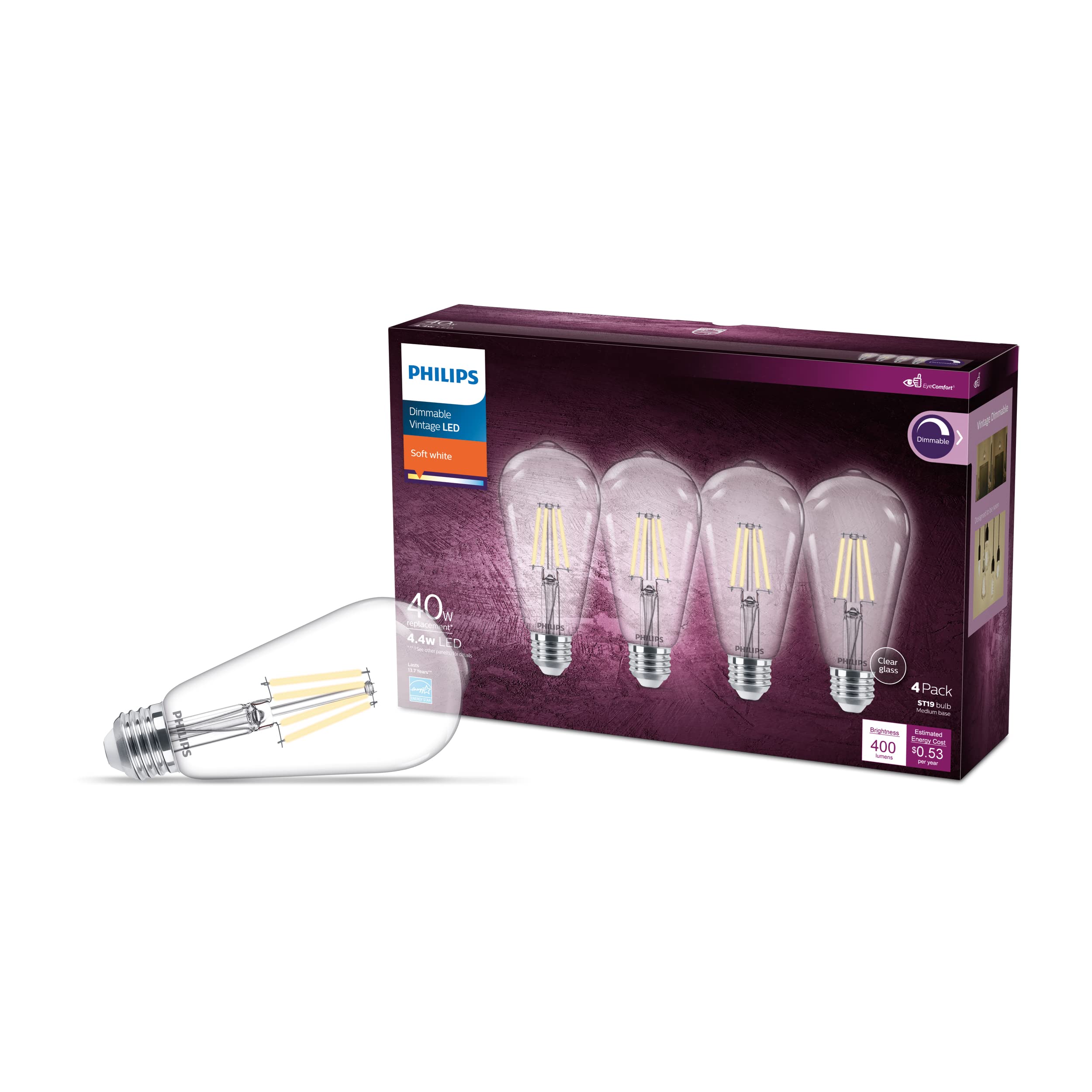 Philips LED Vintage ST19 Bulb 4 Pack - Soft White (2700K) - Dimmable - 4.4W=40W - E26 Base - Eye Comfort Technology