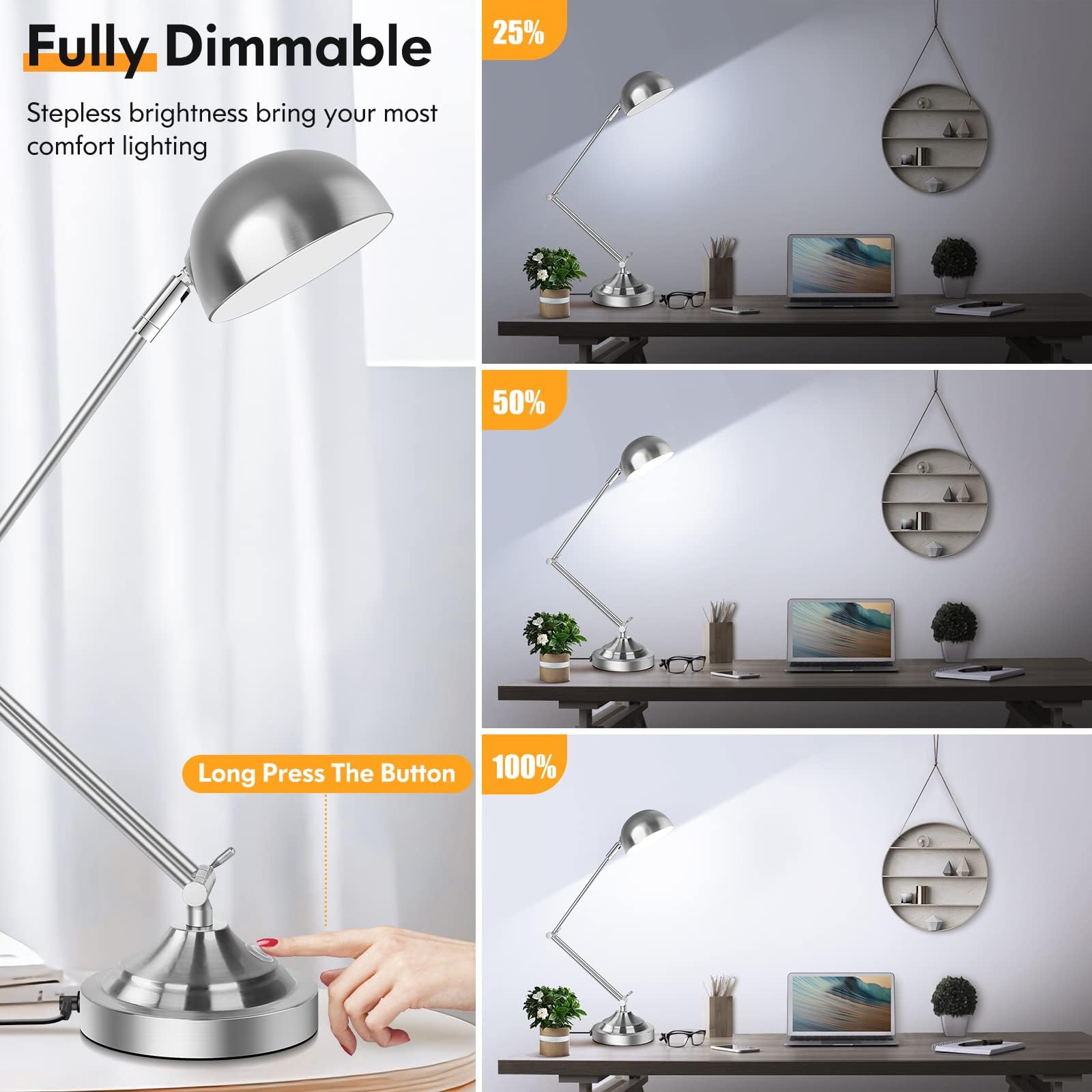 TOBUSA Silver Dimmable Desk Lamp with USB Port, Touch Control, 3 Color Modes, Adjustable Swing Arm, Model T0345-ST
