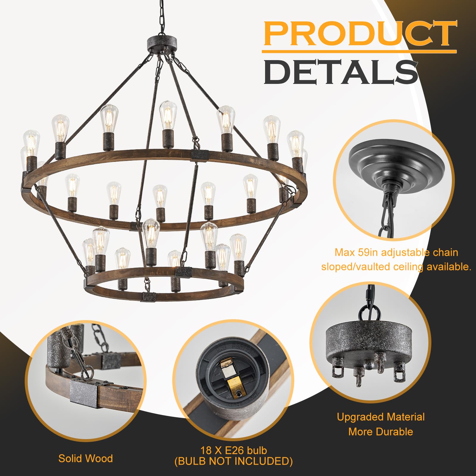 Benkut 2 Tier Wooden Wagon Wheel Chandelier, 43" Rustic Farmhouse Pendant Light, 24-Light, Walnut Finish