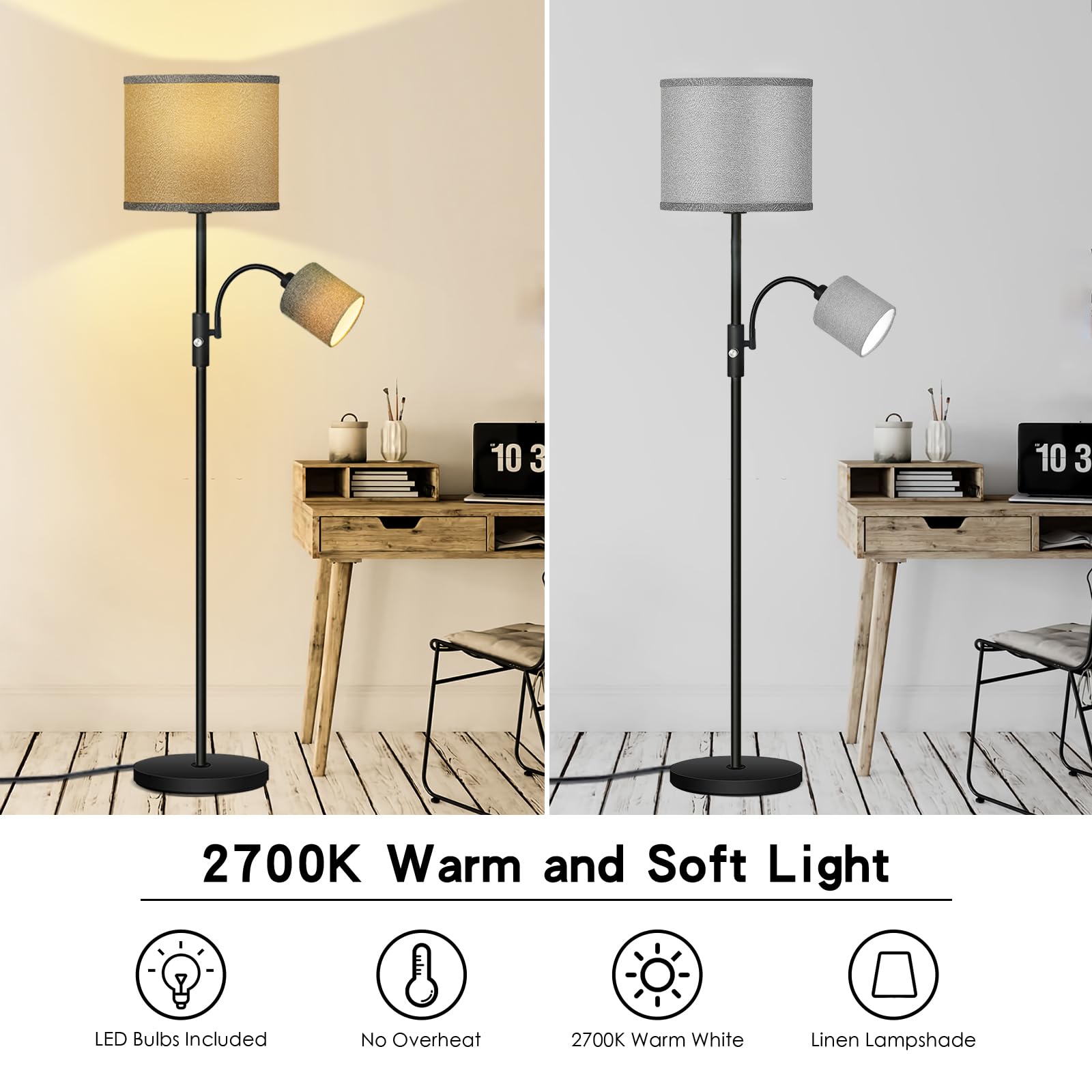 Auquee Floor Lamp Standing Lamp, Modern Living Room Lamp With Reading Lamp, Bright Boho Lamp With Grey Lamp Shade, 3-Way Rotary