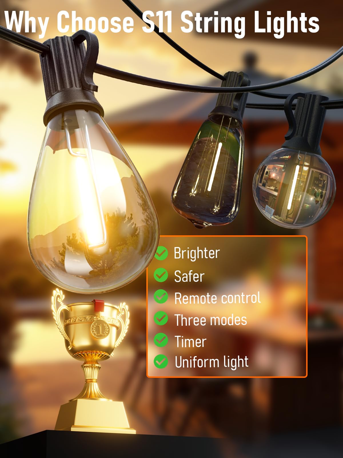 luckystyle LED Outdoor String Lights, 150FT, Warm White 2700K, Waterproof, Dimmable, 55+2 Shatterproof Bulbs, Model S11