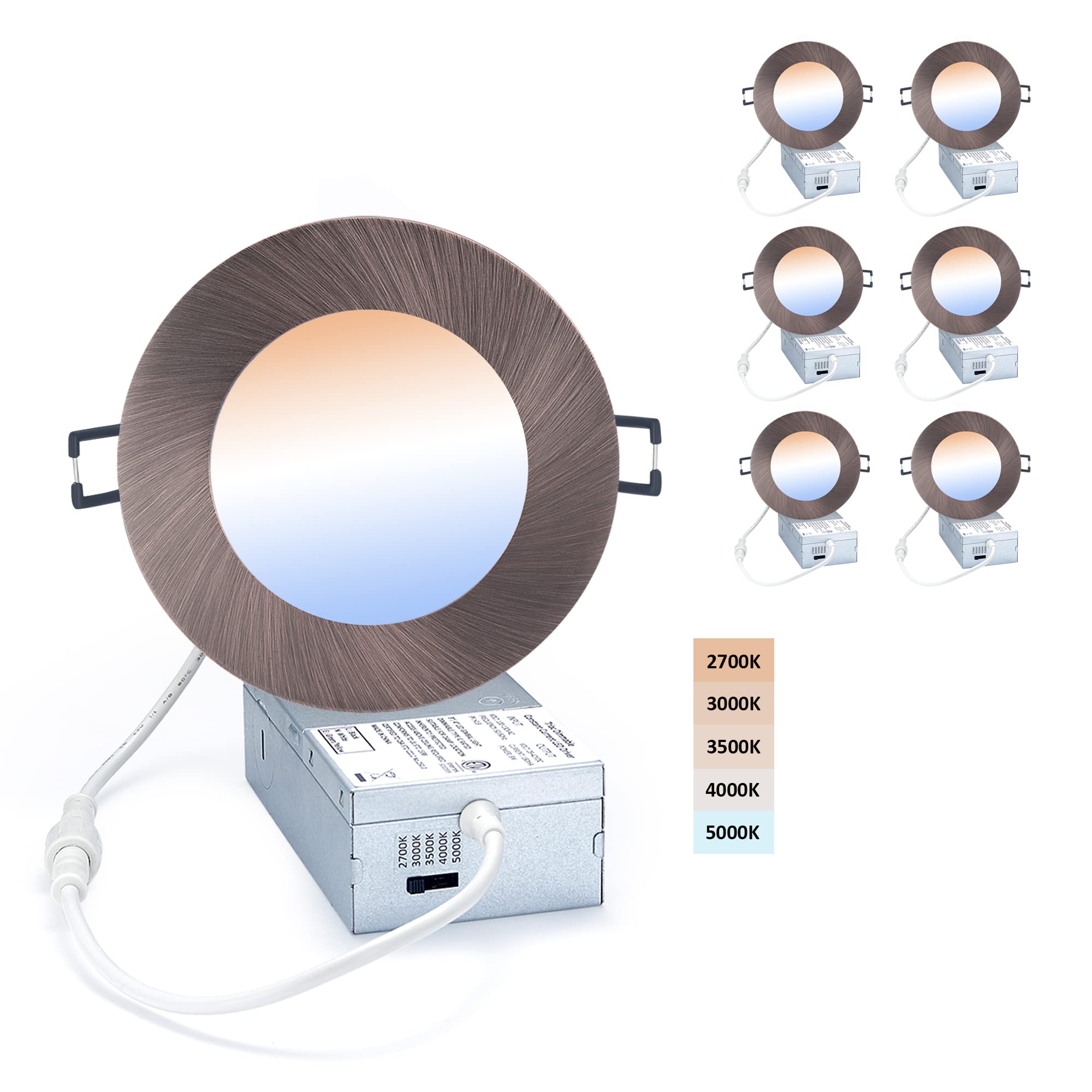 POPANU LED Canless Downlight 4-Inch Dimmable Recessed Light Fixture, 9W, 5 CCT Adjustable, Oil Rubbed Bronze, 6-Pack