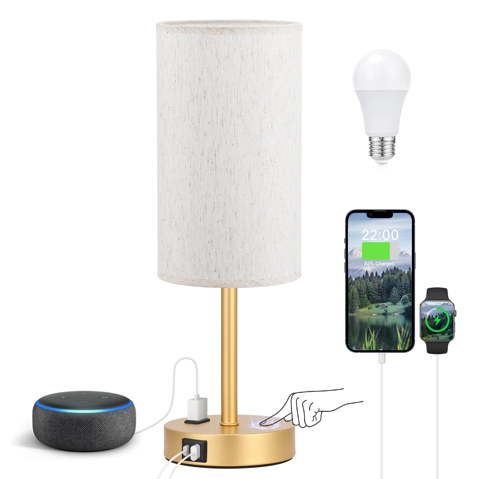 Fenmzee Touch Table Lamp - Cream, 3-Way Dimmable, Usb A + C Charging, Ac Outlet, 17.4Inch Medium, Gold Metal Base