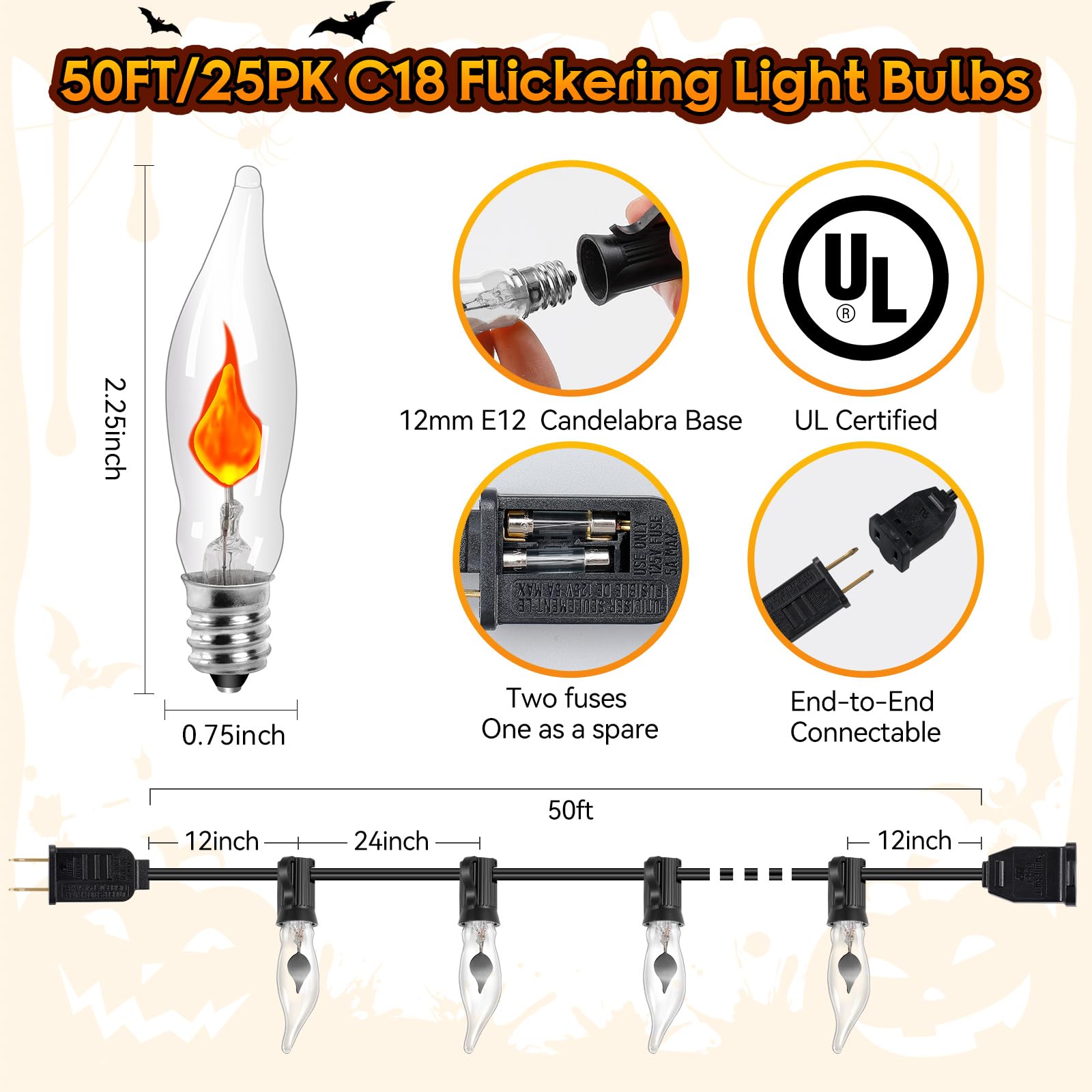 Hobbynors 50Ft Extra-Long Fall & Halloween String Lights 25 C18 Flicker Flame Bulbs For Outdoor Decor Waterproof & Connectable For Christmas  Thanksgiving & Festive Party Ambiance