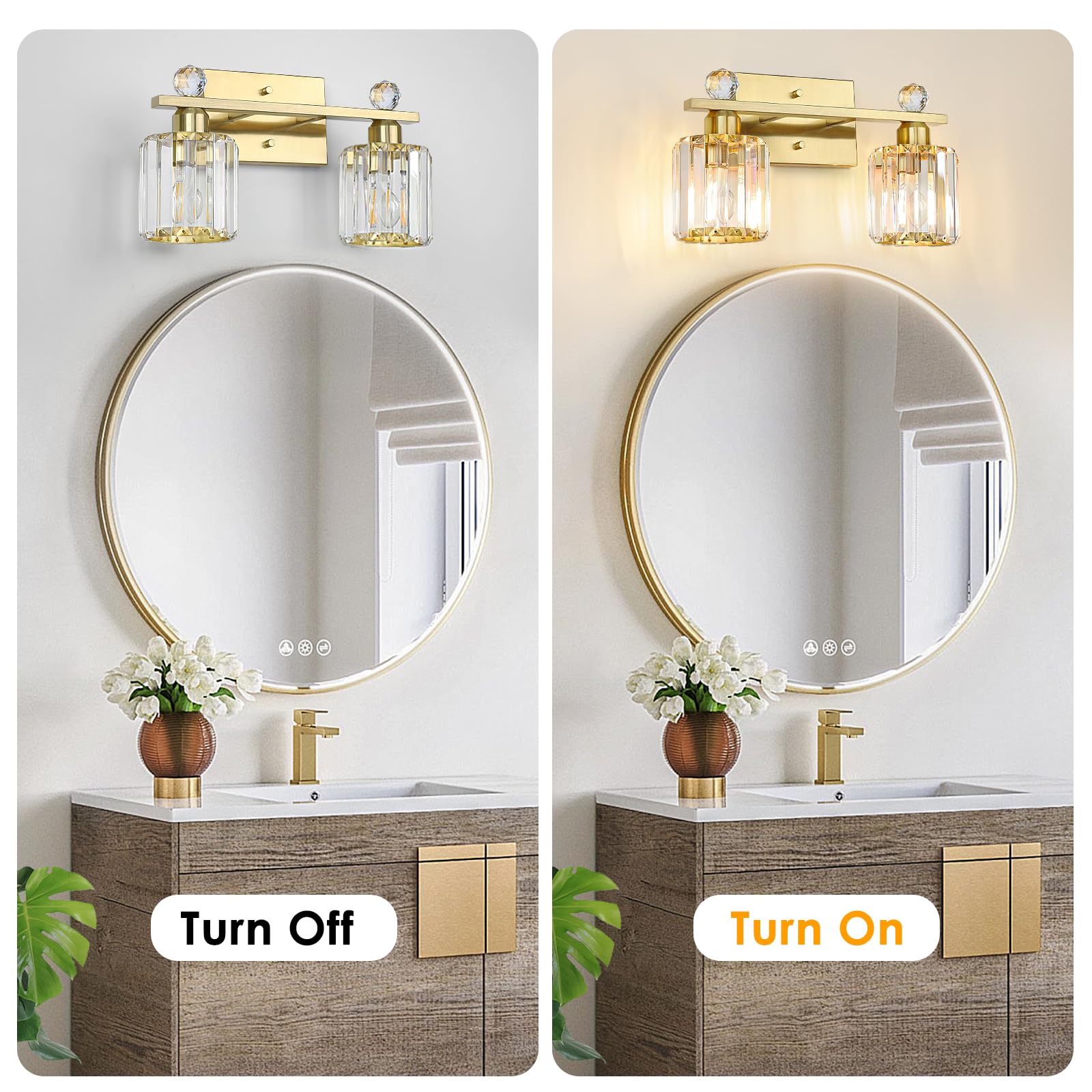 KunruiTAI 2-Light Wall Sconce, Brushed Gold Bathroom Vanity Light, K9 Crystal Shade, Modern Design for Mirror, Bedroom, Living Room