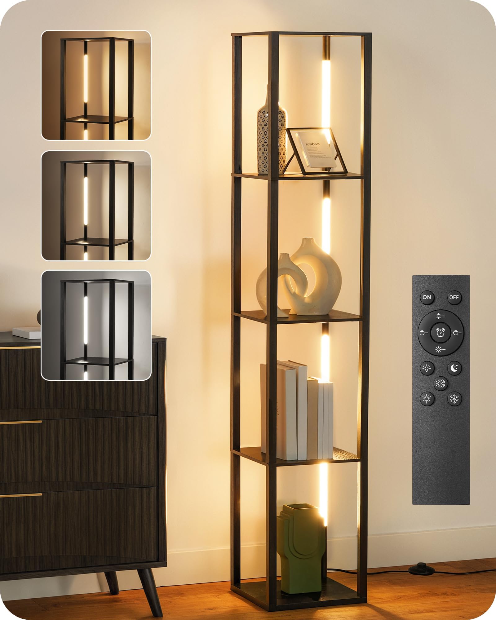 64.2 Display Shelf with Light, Modern Corner Floor Lamp with Shelves, 3000K-6000K LED Dimmable Standing Lamp with Remote for Liv