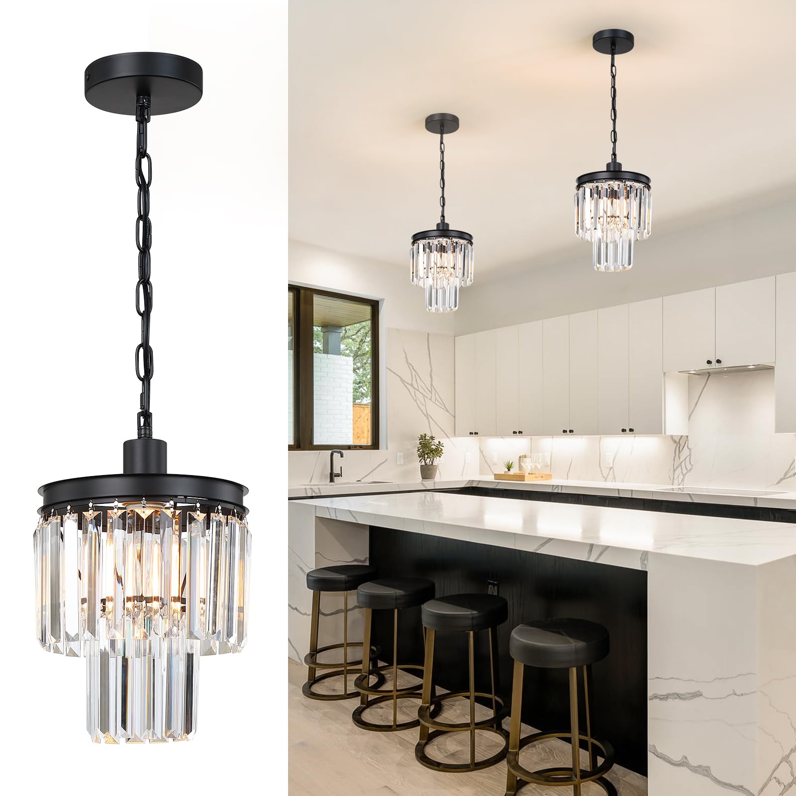 Klklch Crystal Chandeliers For Dining Room, Pendant Lights Kitchen Island Black Chandelier For Bedroom Living Room Light Fixture