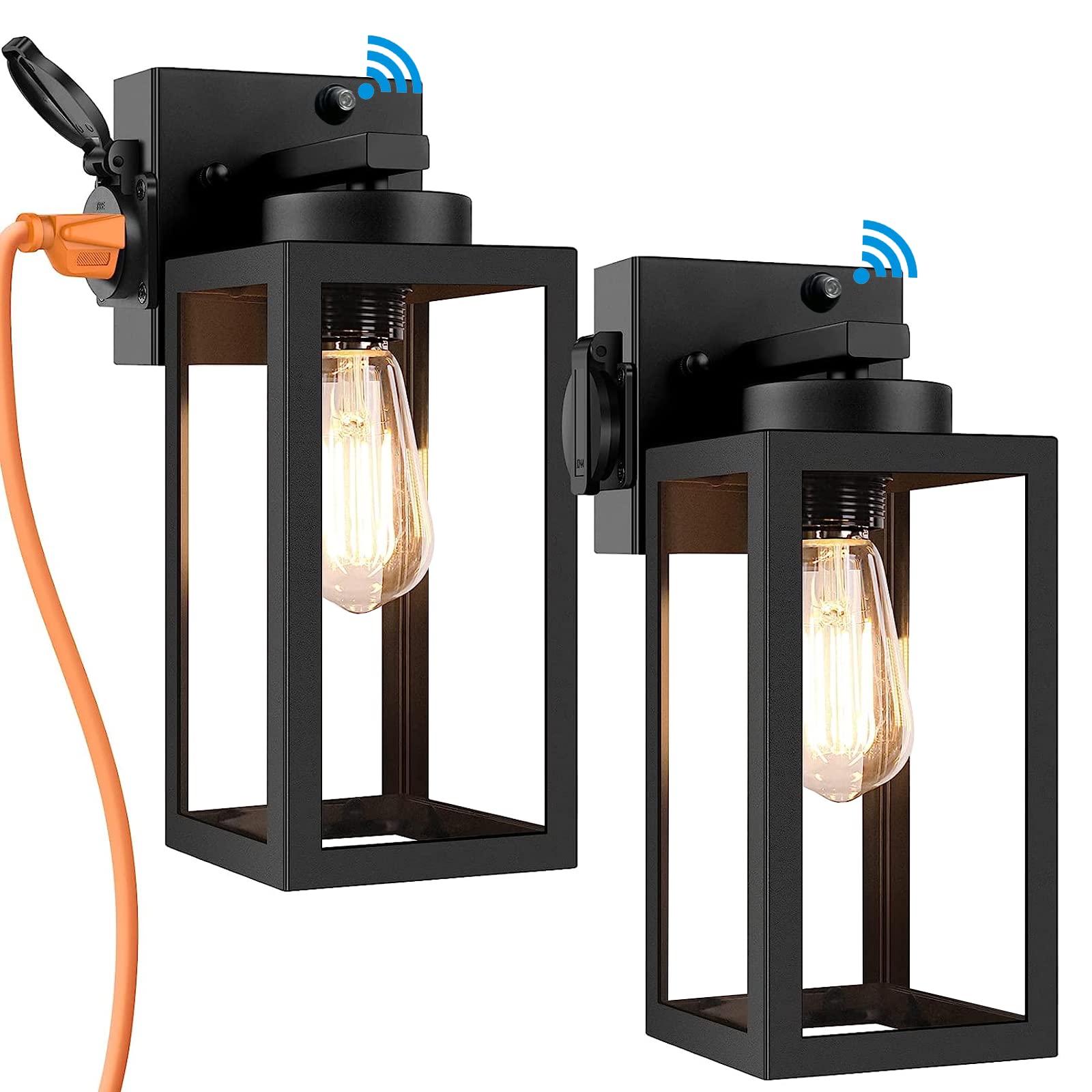 Bdrofn Outdoor Wall Lights, 2-Pack Dusk to Dawn Fixtures, Waterproof, Black, Model W6011-01-BKSR, with Outlet Sensor for Porch and Garage