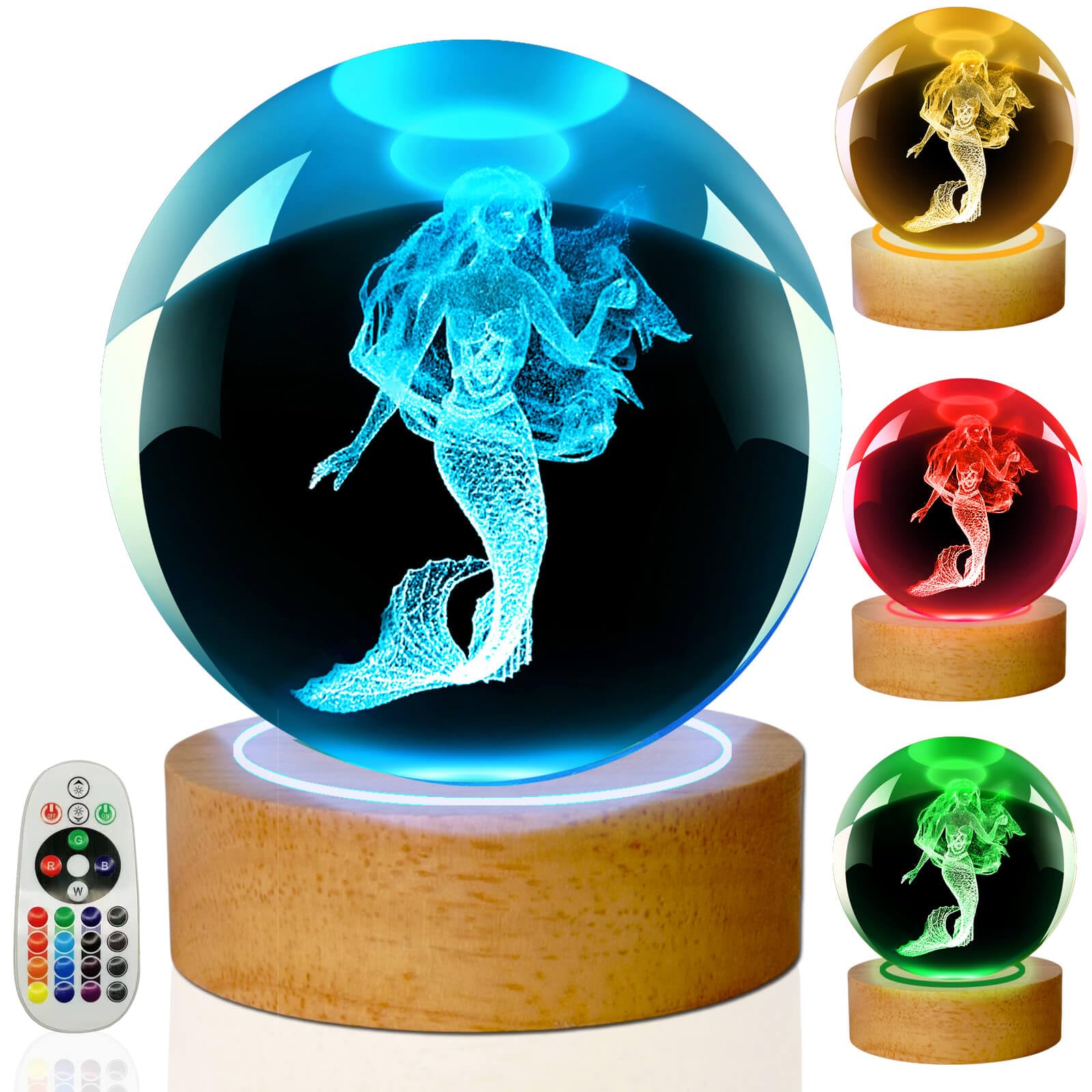 LINSINA Mermaid Lamp, 3.15in 16 Colors Crystal Ball Night Light with Wooden Base and Remote Control, Birthday Gift and Mermaid G