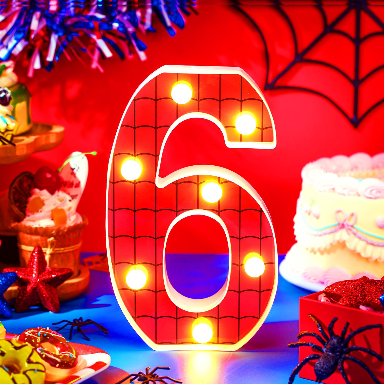 Vihose Spider Led Number Lights Spider Birthday Party Decoration Light Up Numbers Kids Boy Man Birthday Supplies For Marquee Night Christmas Gift Baby Shower(Number 6)