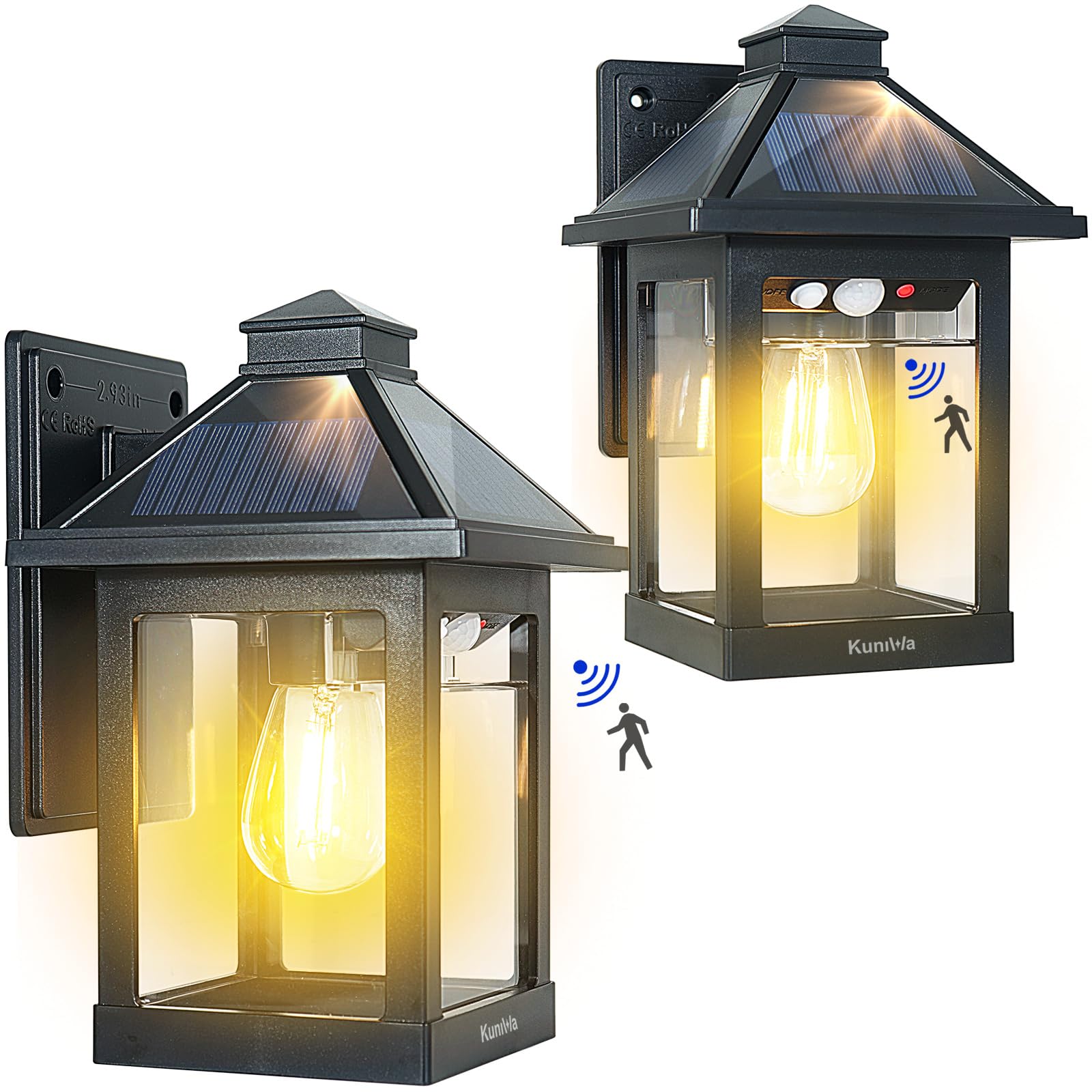 Kuniwa Solar Wall Lanterns 2 Pack, Waterproof Led Sconce With Motion Sensor, Warm White Light