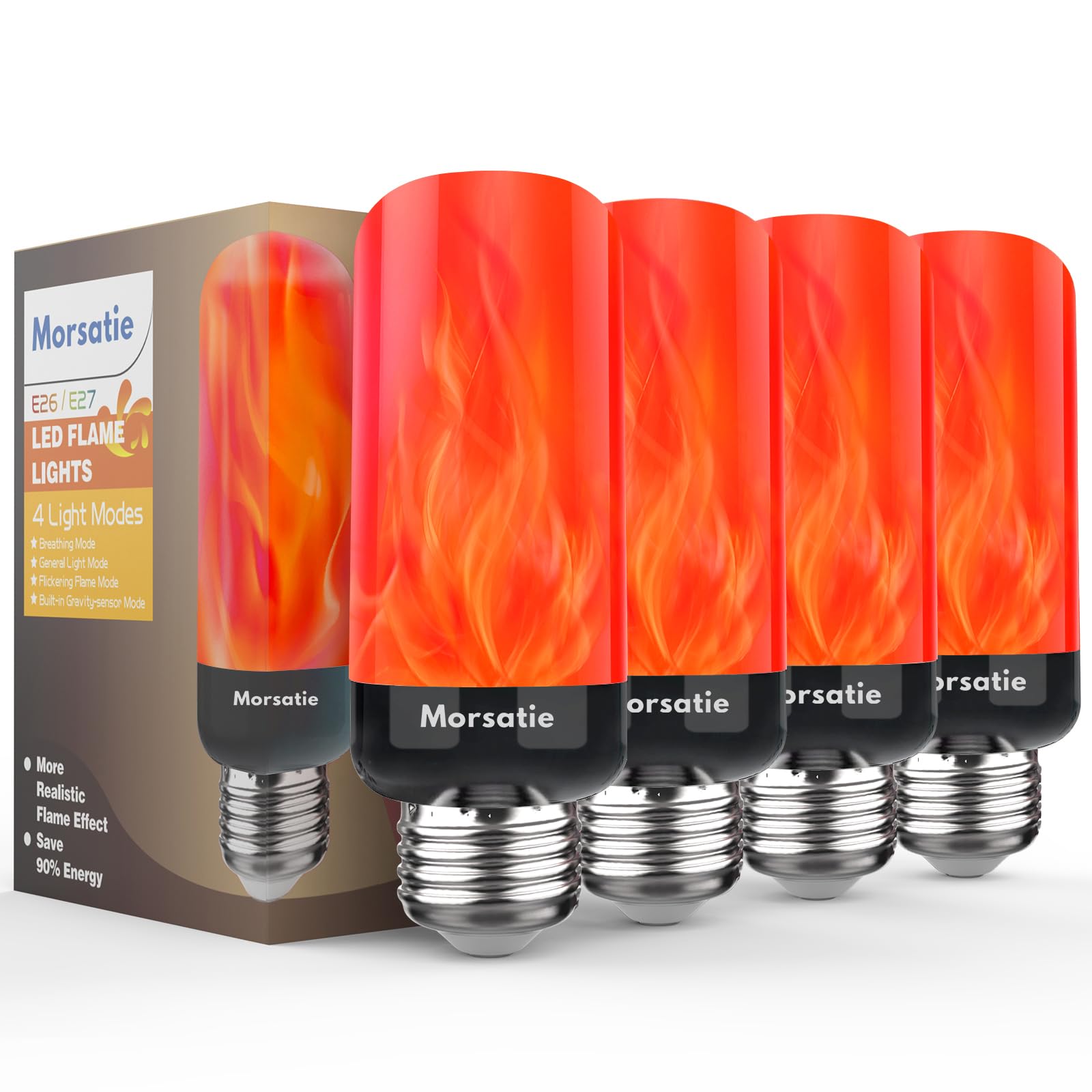 Morsatie LED Flame Light Bulbs, 4-Mode Flickering, E26, 4 Pack, Red, Model MSFLSB4-RED-B4, Indoor Outdoor Decoration