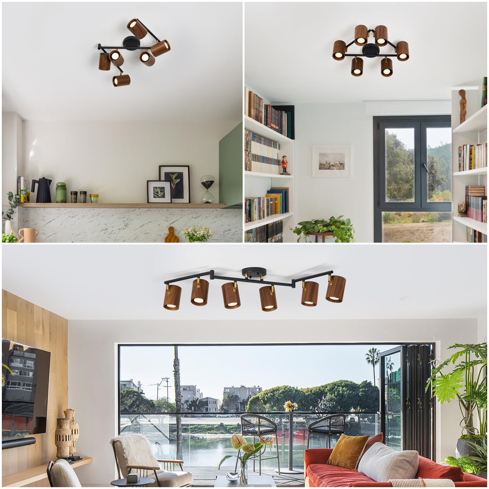 Modern 6-Light Track Lighting, 47 Inch, Natural Wood Adjustable Light Heads, Brass Accent, Matte Black Ceiling Track Lights For