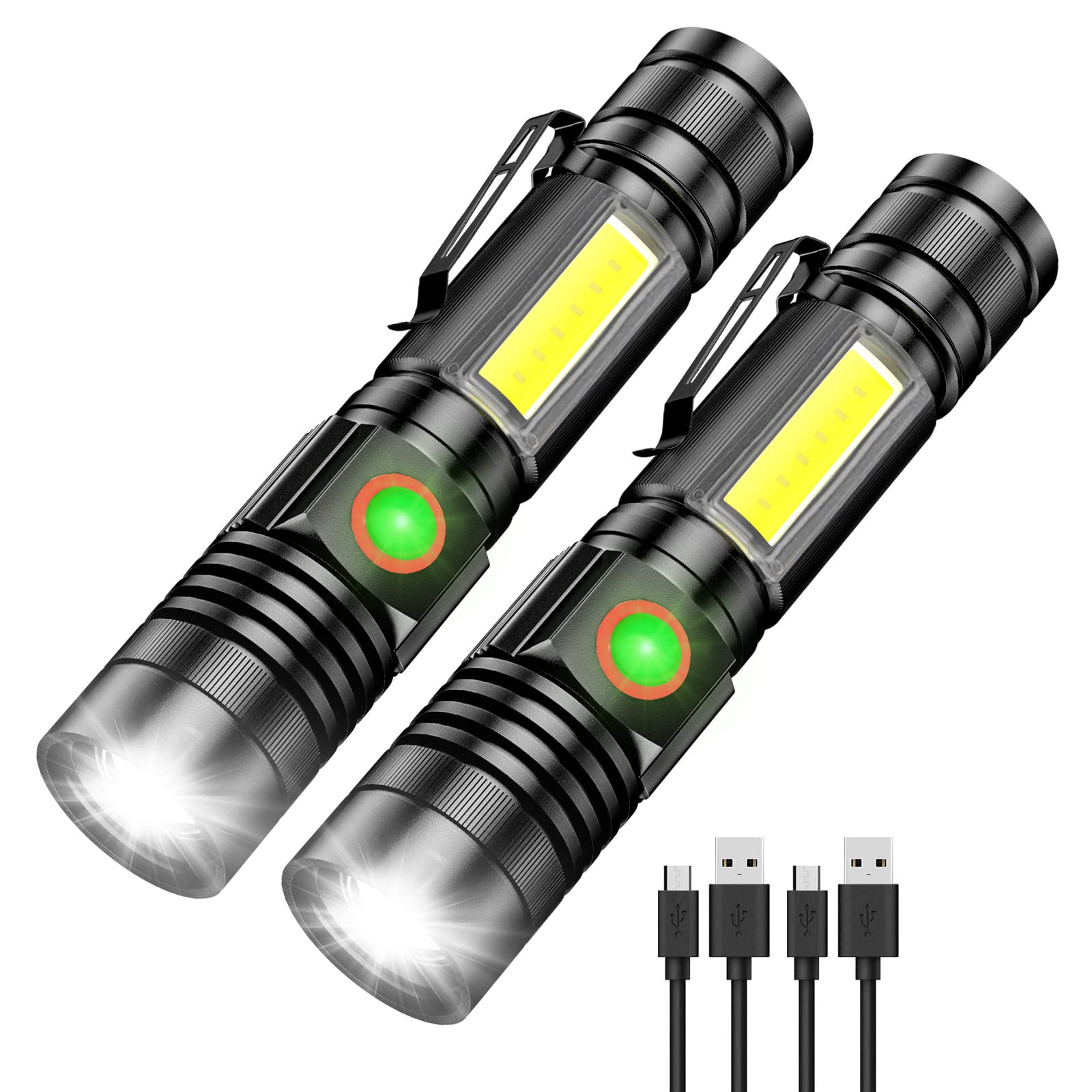 Small Flashlight Rechargeable  1000 Lumens Super Bright Magnetic LED Flashlights with COB Sidelight  4 Modes  Waterproof  Zoomable Pocket Tactical Flash Light for Camping Emergency 2 Pack