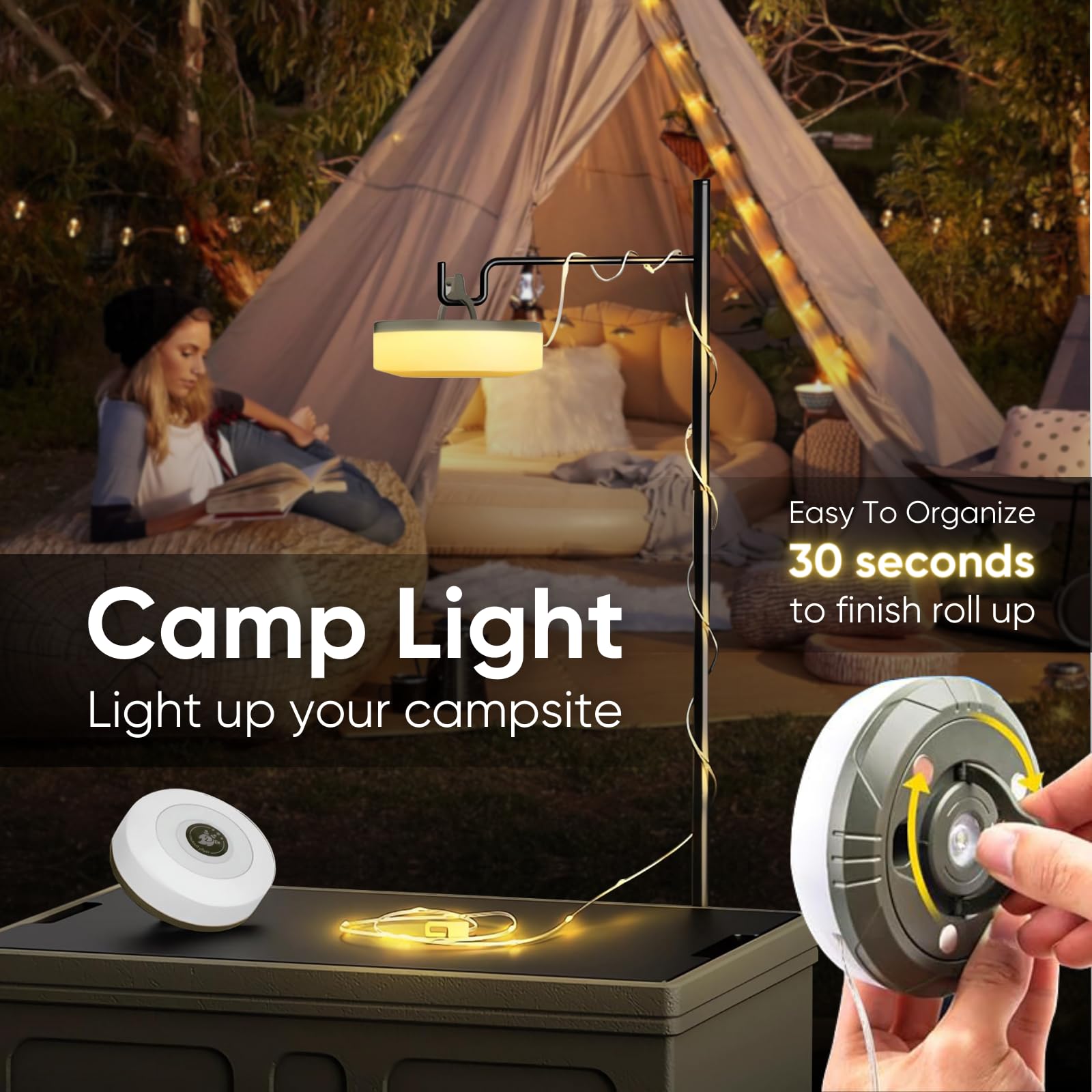 Lilyabeille Camping String Lights - Outdoor Rechargeable Camp Lamp With 5+3 Modes, Portable Retractable, Waterproof Led, 32.8 Ft