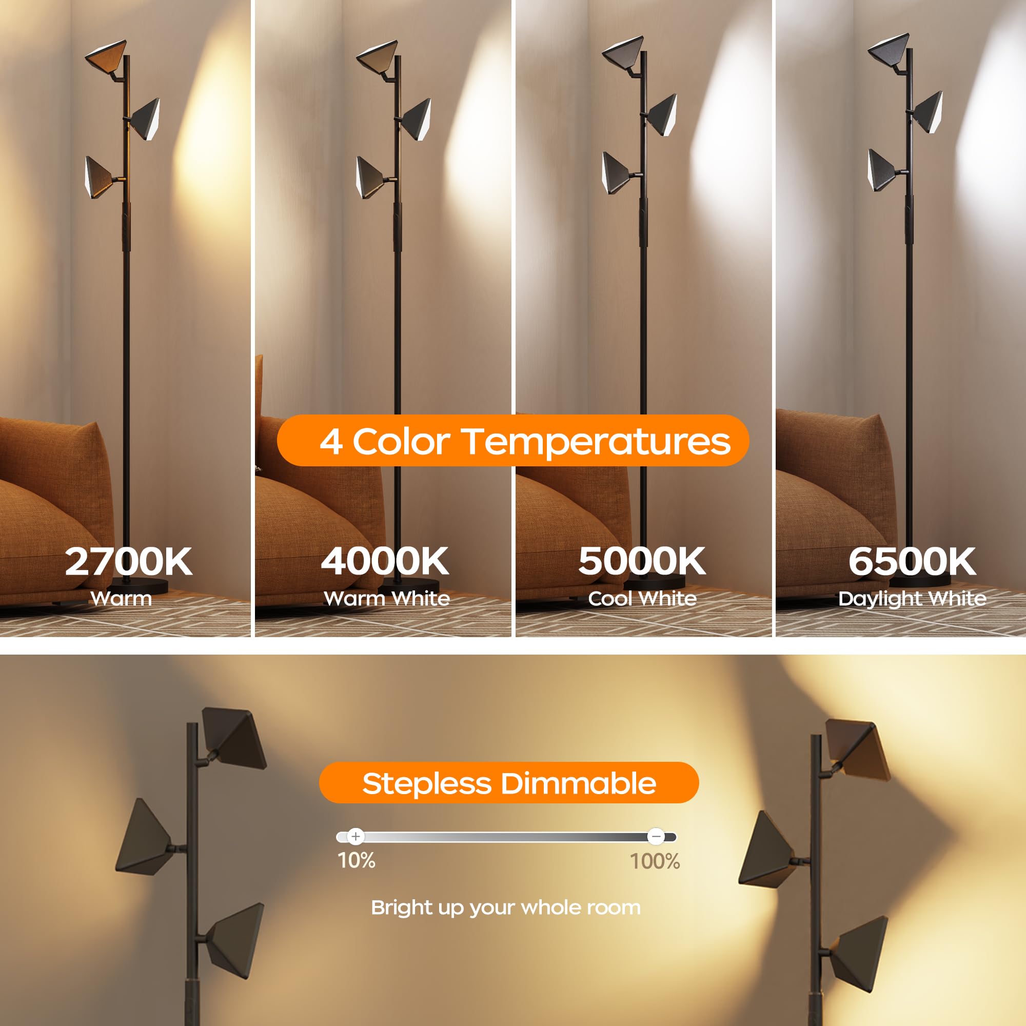 Rottogoon Led Tree Floor Lamp, 36W Dimmable Tall Standing Lamp With Remote & Touch Control, 2700K-6500K 4 Color Temperatures, 3