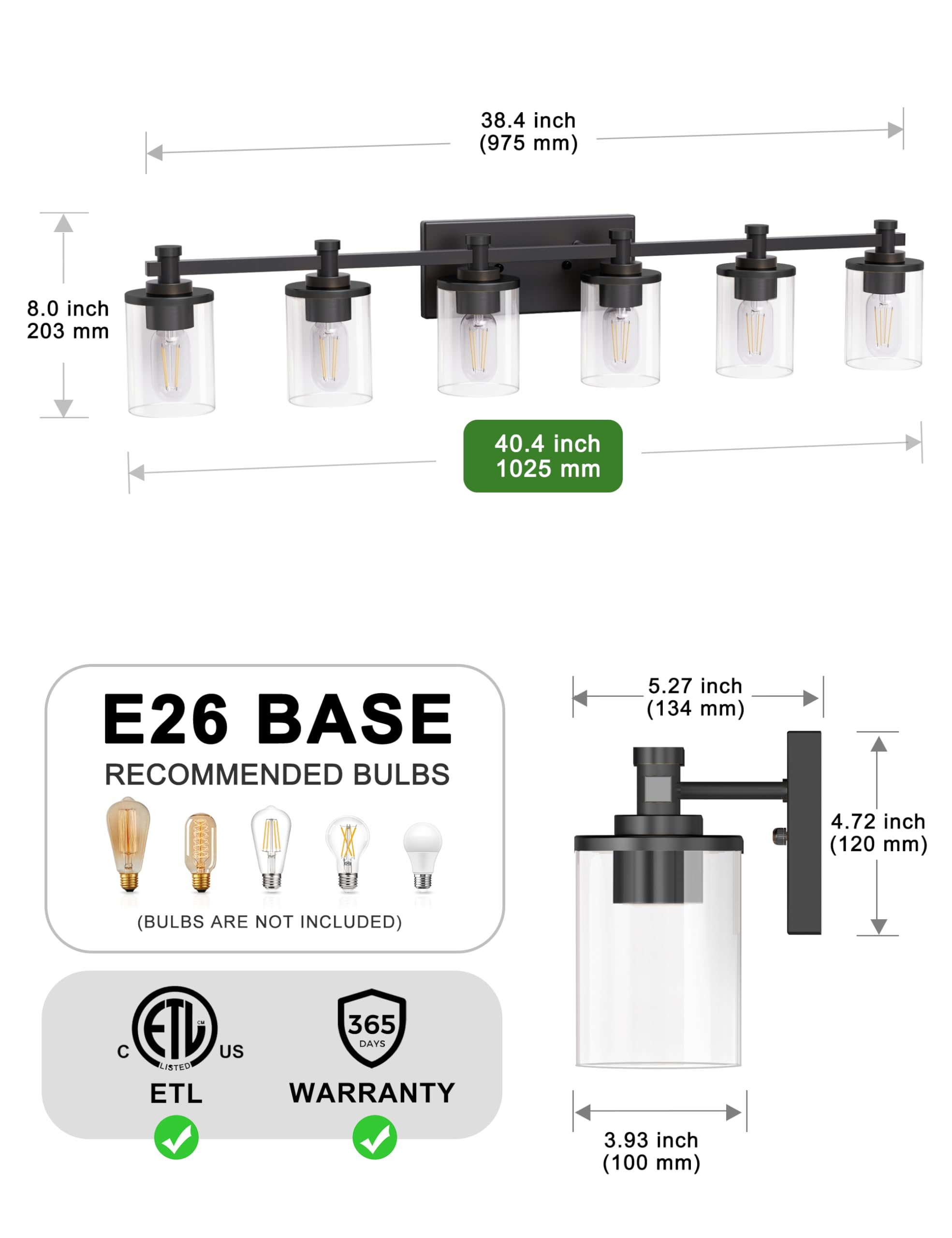 L Lohas Led 6 Light Bathroom Vanity Light  Black Bathroom Light Fixture Over Mirror  Modern Lighting Fixtures With Clear Glass Shade  Vintage Vanity Lights For Bathroom Mirror Hallway  Etl