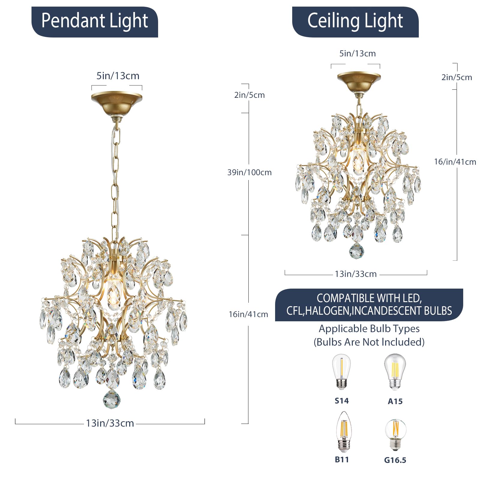 Bestier Gold Pendant Chandelier - Modern Crystal Raindrop Lighting, H 40cm x D 32cm, for Dining Room, Bathroom, Bedroom, Model AK-AJ-18162
