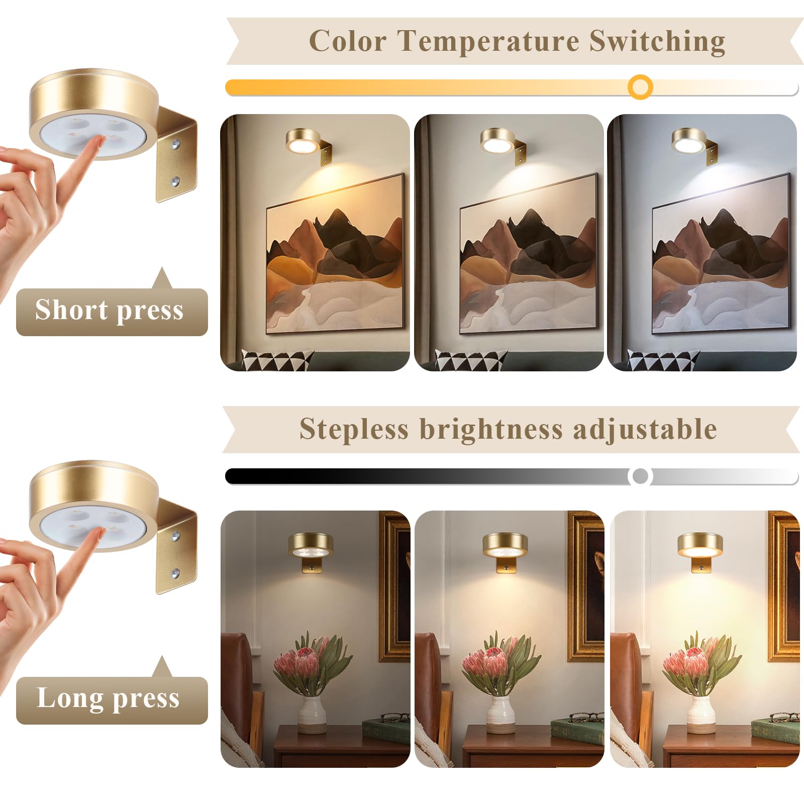 KELUOLY Picture Light 2-Pack, Battery Operated, Dimmable with Remote, Gold, Model BQ3S-2J