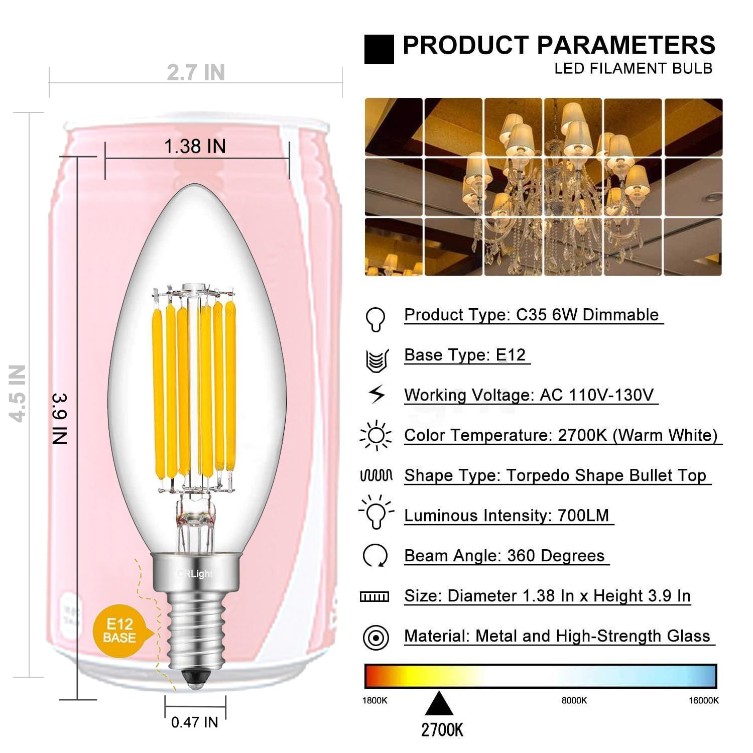 Crlight 6W Dimmable Led Candelabra Bulb 65W Equivalent 700Lm, 6 Led Filament Real 6W Chandelier Light Bulbs, 2700K Warm White E1