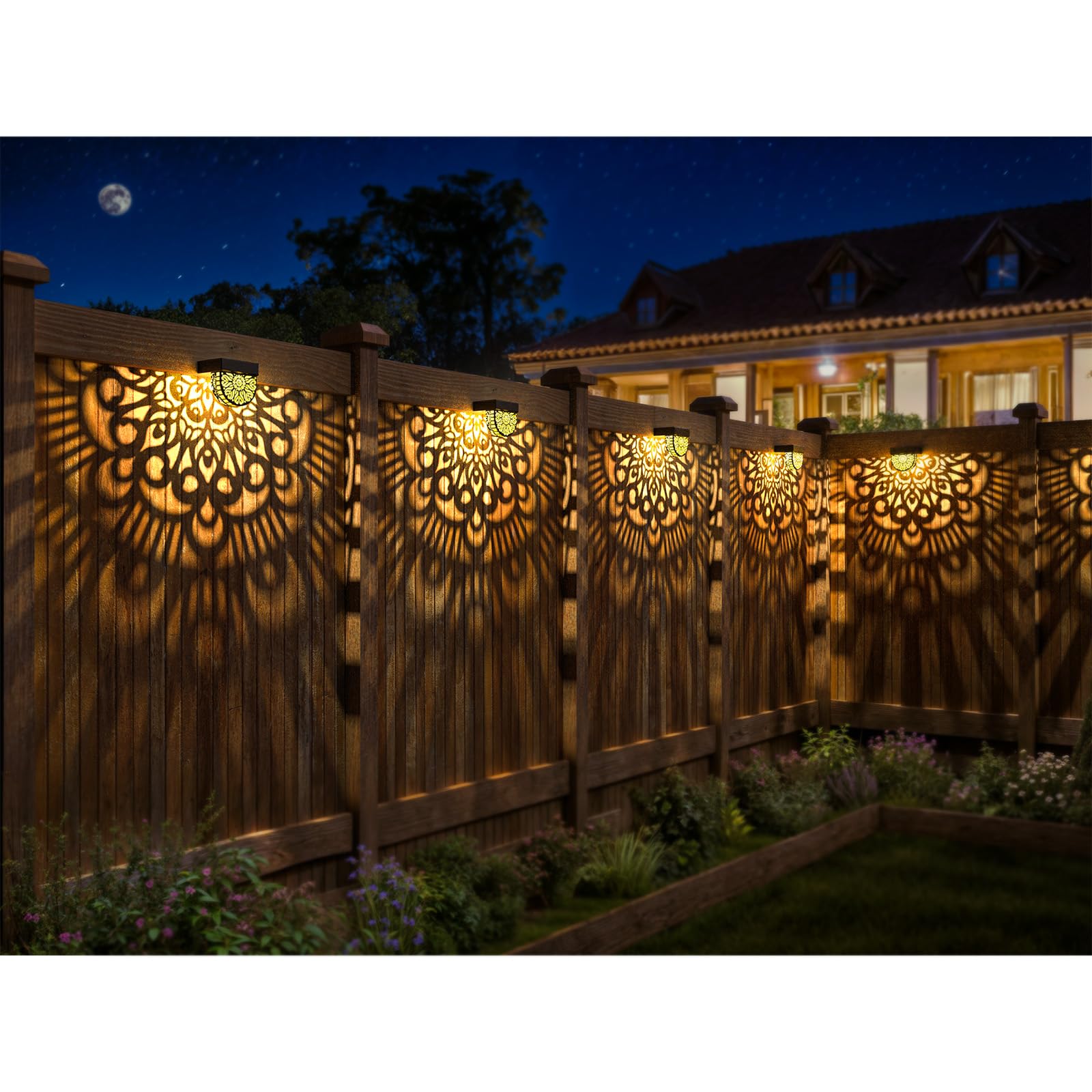 EKQ Solar Fence Lights, Waterproof Plastic Outdoor Wall Lights, 6 Pack, Black, Moon Theme for Garden, Deck, Patio, Backyard Decor