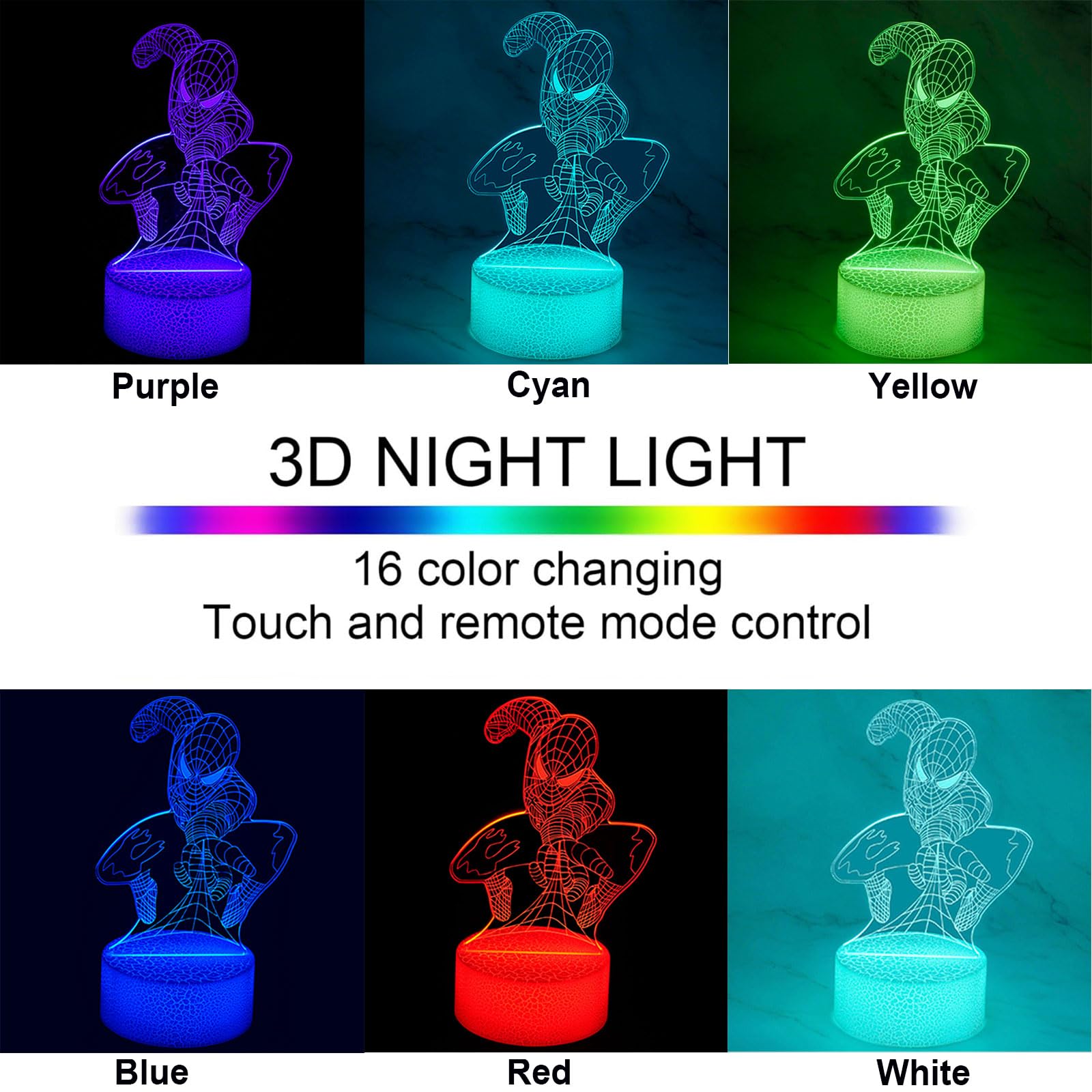 SEMMGO 3D Night Light Illusion Lamp for Kids, Remote Control, Dimmable, 16 Colors, Model ZizuXiia001, Acrylic, Superhero Design