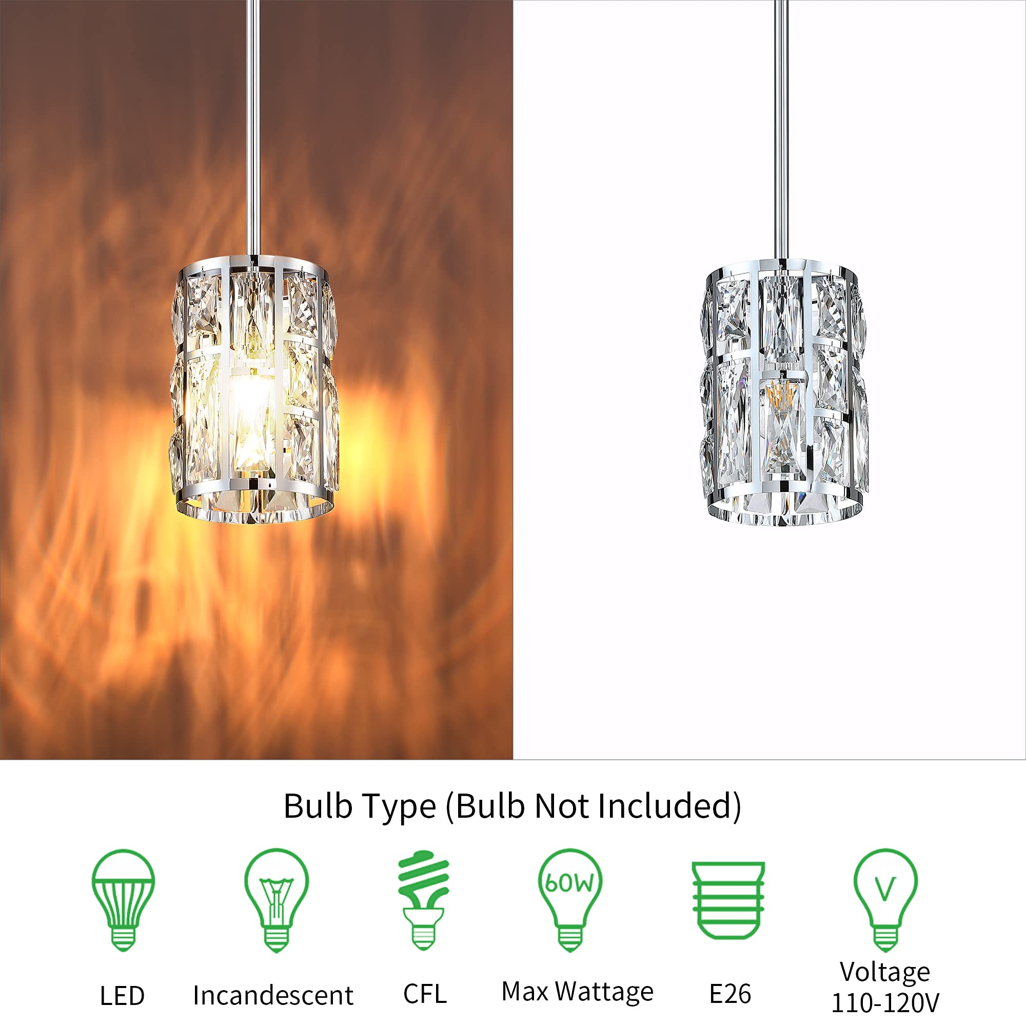 Modern Crystal Pendant Light Fixture 2-Pack Chrome Finish Hanging Lighting Crystal Chandelier For Kitchen Island