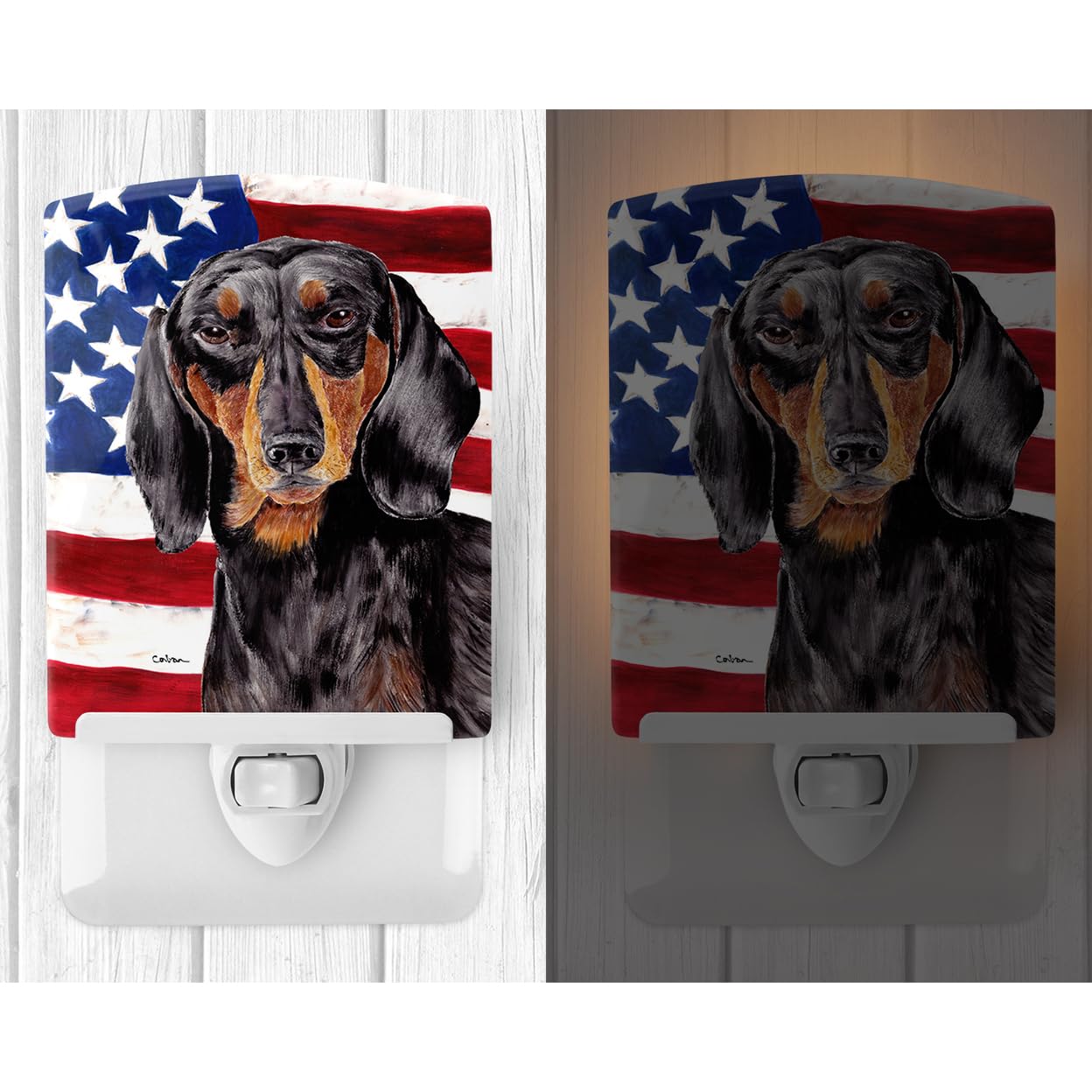 Carolines Treasures Ceramic Night Light, USA American Flag, Dachshund Design, UL-Certified, 6x4x3 inches, Multicolor, Model SC9003CNL