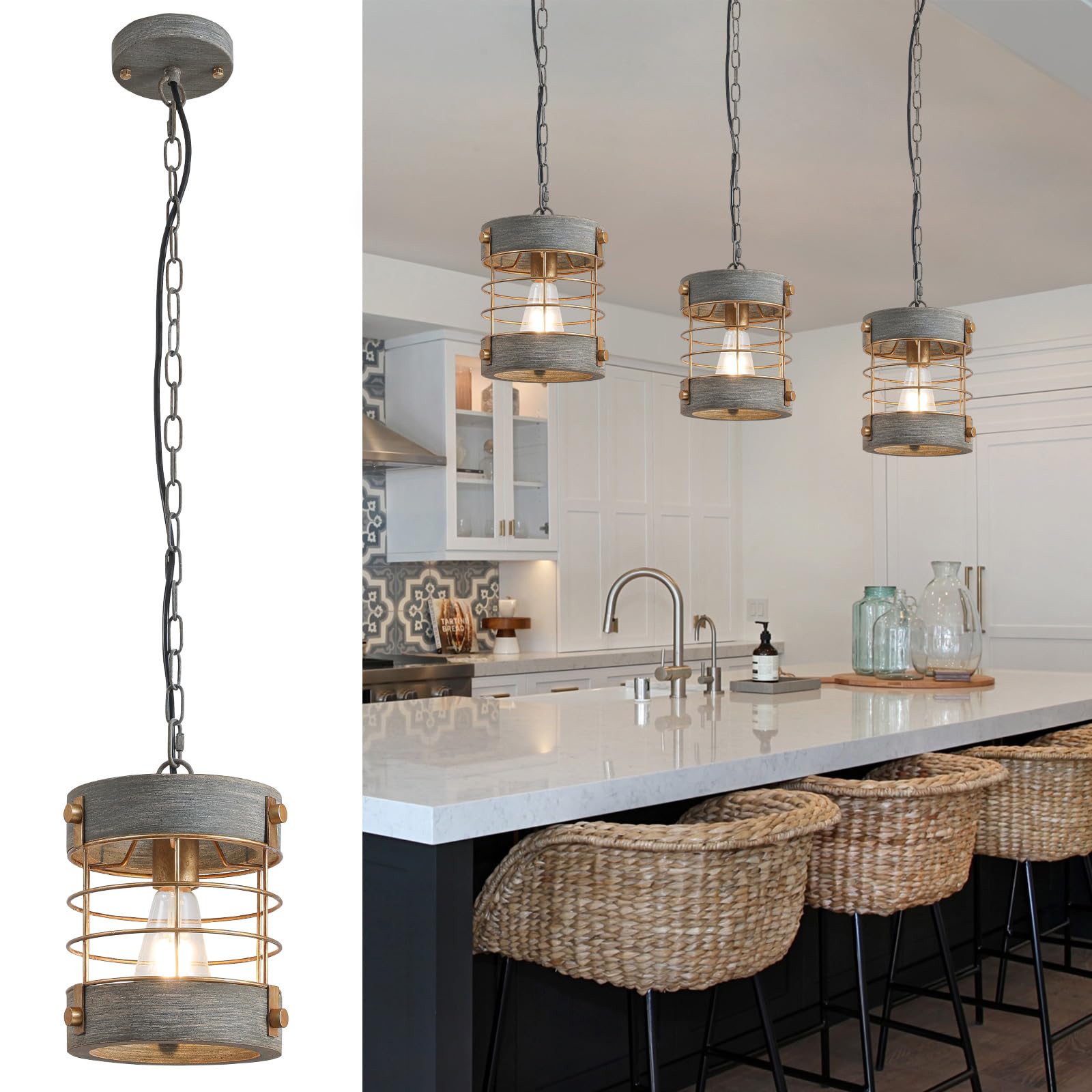 Wochos Retro Industrial Metal And Wood Chandelier 1-Light Round Cage Pendant Light Fixture For Kitchen Island Foyer Hallway Bar