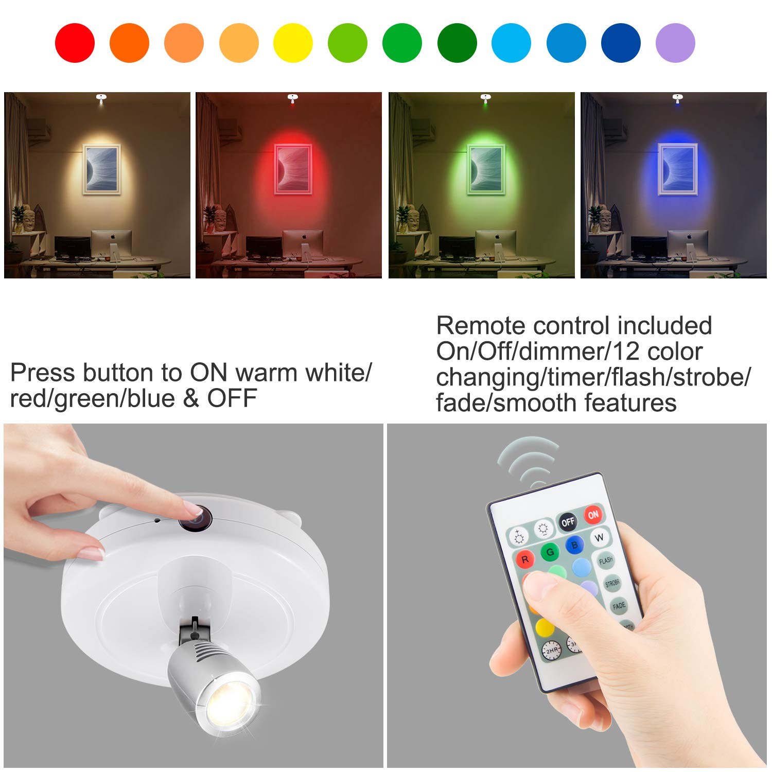 LUXSWAY Mini Accent Spotlight, Battery Operated LED Puck Light, Dimmable, 12 Color Changing, White Silver Head, 2 Pack