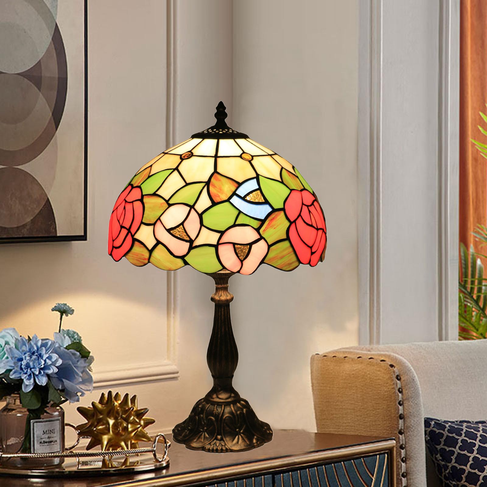 Tuomoxte Tiffany Style Table Lamp, Stained Glass Bedside Lamp, Handmade Antique Desk Lamp, Red Rose Pattern, For Living Room Bed