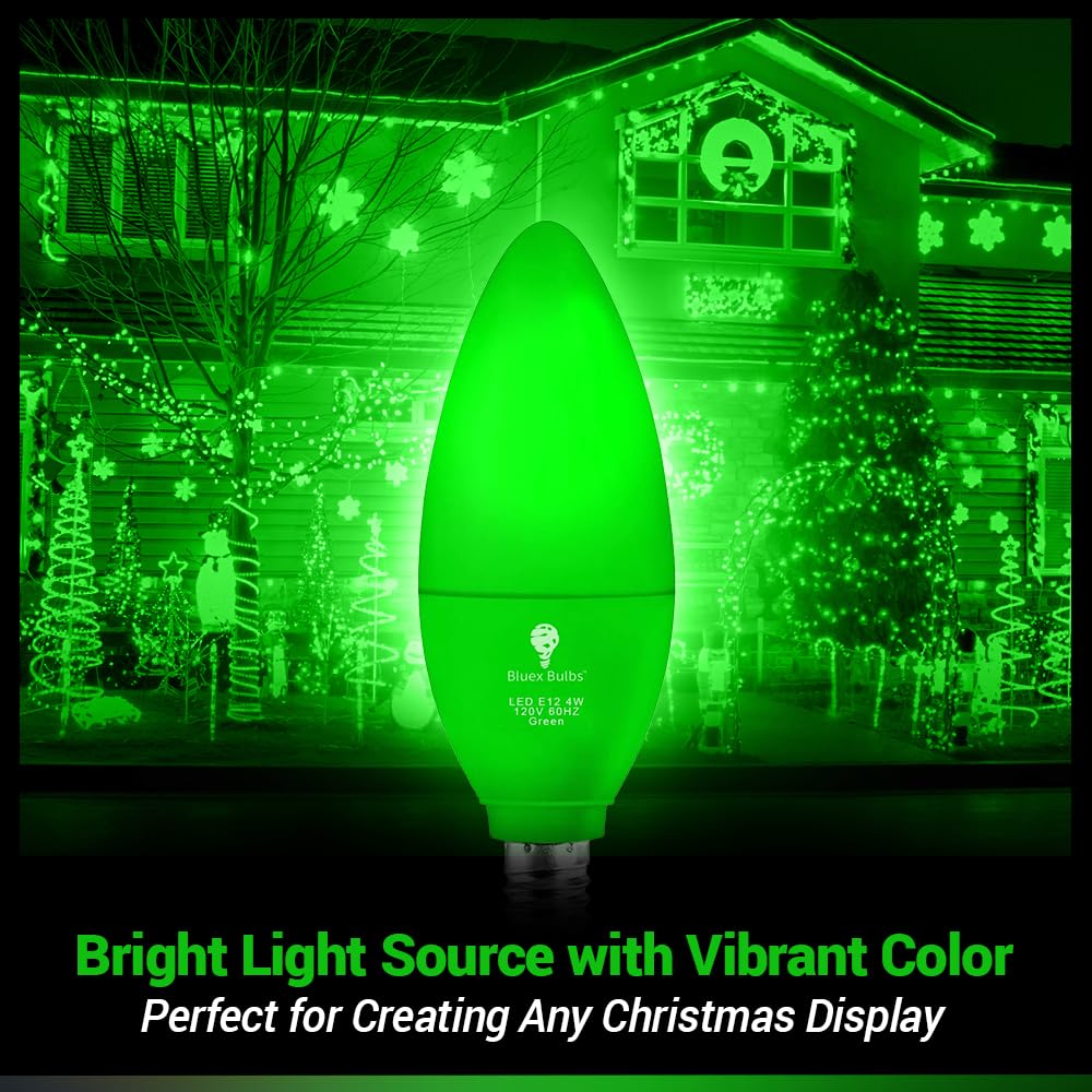 6 Pack Bluex Led Candle Green Light Bulb - 4W (40Watt Equivalent) - E12 Base Green Led Green Bulb, Party Decoration, Porch, Home